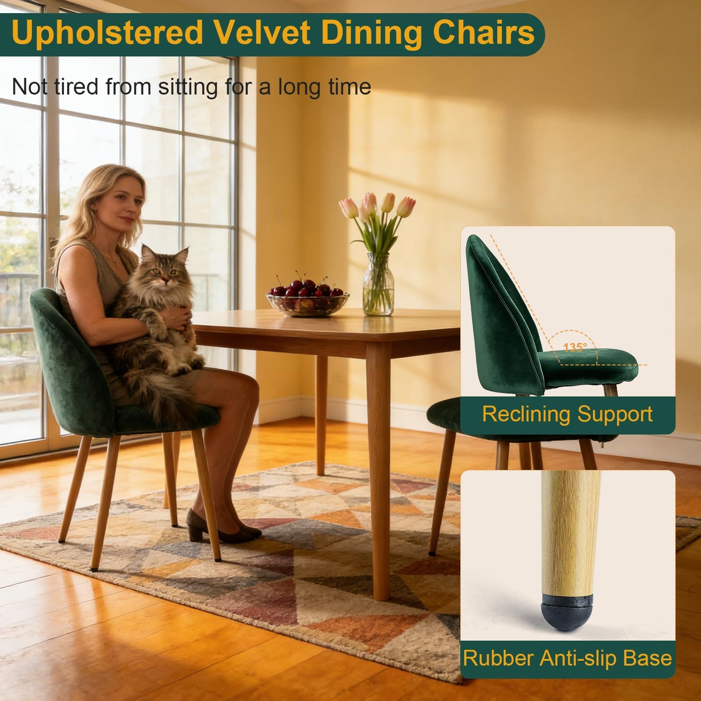 Lightdot Dining Chairs Set of 2, Velvet Comfortable Seats, Mid-Century Modern Living Room Chairs, Upholstered Kitchen Chairs with Wooden Legs and Padded Seat for Bedroom Office - Dark Green