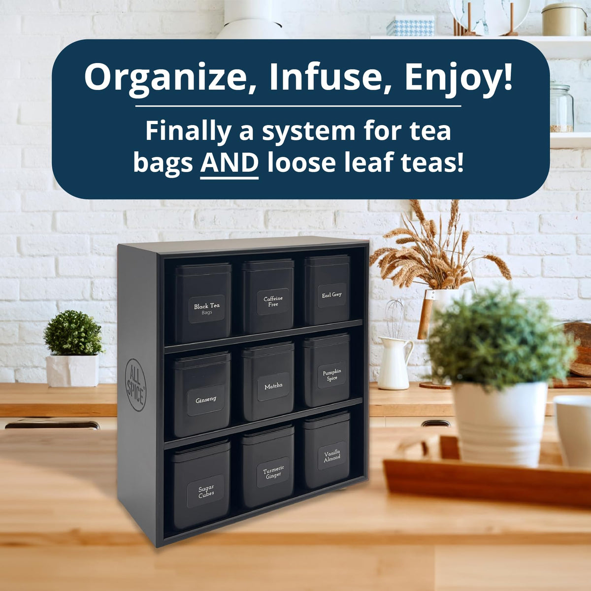 AllSpice Tea Organizer Rack with 9 Tins & 160 Magnetic Labels – Perfect for Bagged & Loose Leaf Tea Organization - Black