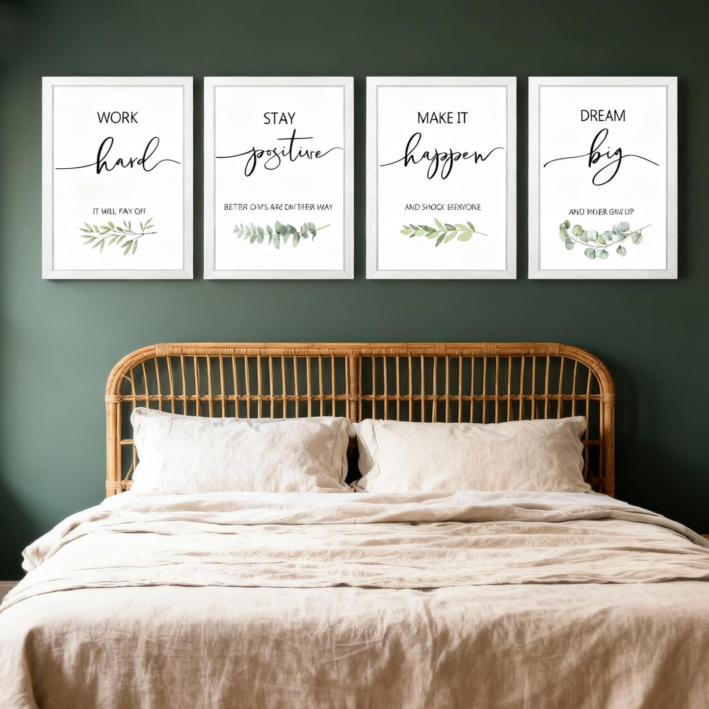 Motivational Wall Art Set of 4, 16 x 11 Inch Framed Inspirational Quotes Prints, Wooden Frame Modern Home Decor for Bedroom, Office, Living Room