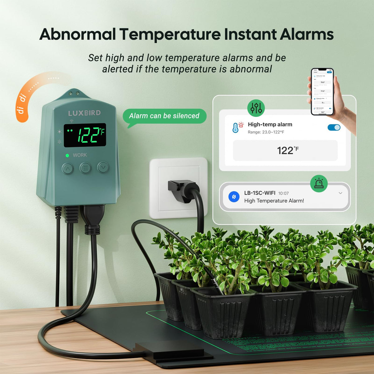 WiFi Digital Heat Mat Thermostat Controller, 32-113°F with Heating Cooling Mode, 365 Day Data Export, 1200W, High/Low Temp Alerts, Plug & Play for Reptile Seedling Brewing Breeding Greenhouse
