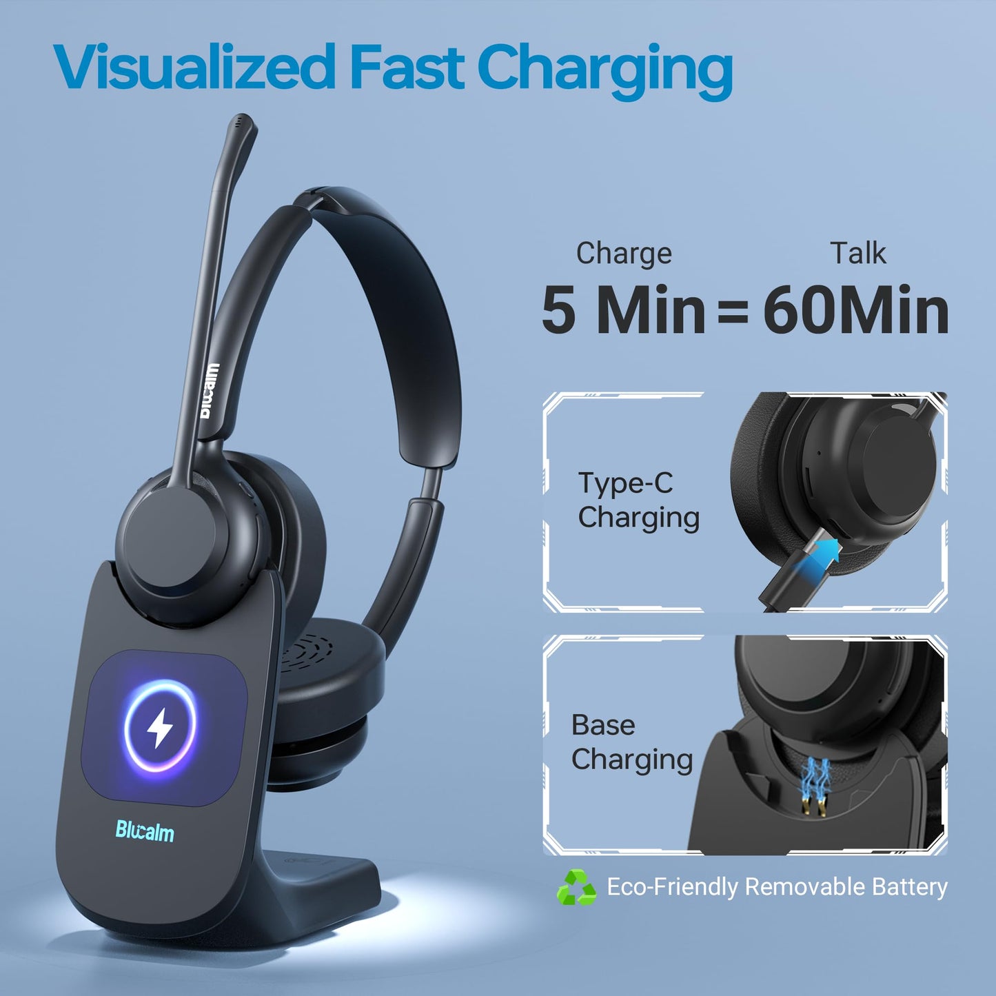 Blucalm Wireless Headset with Mic for Work - V5.4 Headset with Noise Canceling, PC Headphones with Mic Mute & USB Dongle, Smart Dock with Touch Screen for Work from Home, Teams, Zoom