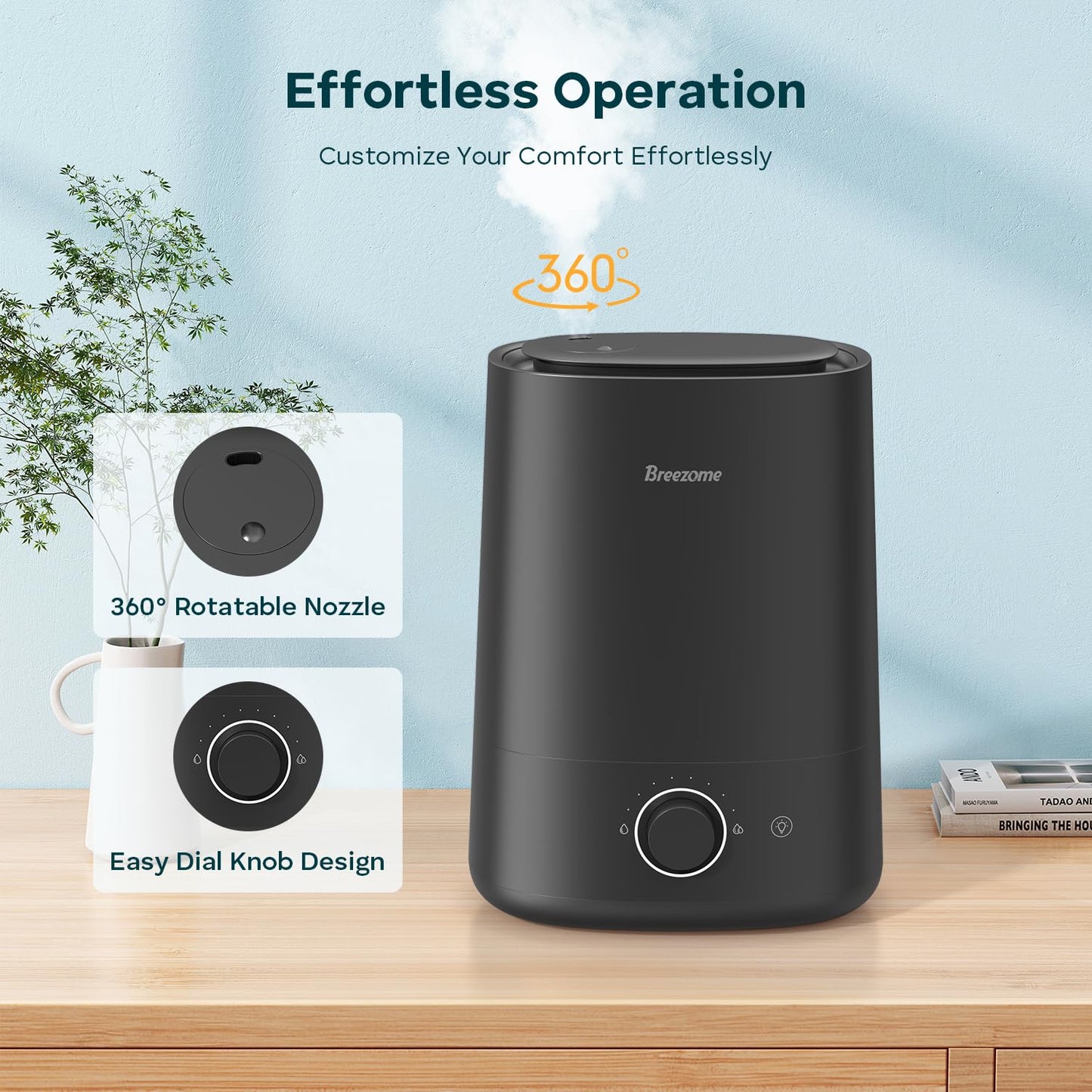 BREEZOME 5L Humidifiers for Bedroom, Ultrasonic Cool Mist Top Fill Humidifier & Essential Oil Diffuser, 360°Nozzle, Auto Shut-off, 50H Runtime, Quiet Humidifiers for Large Room, Baby Nursery, Plants
