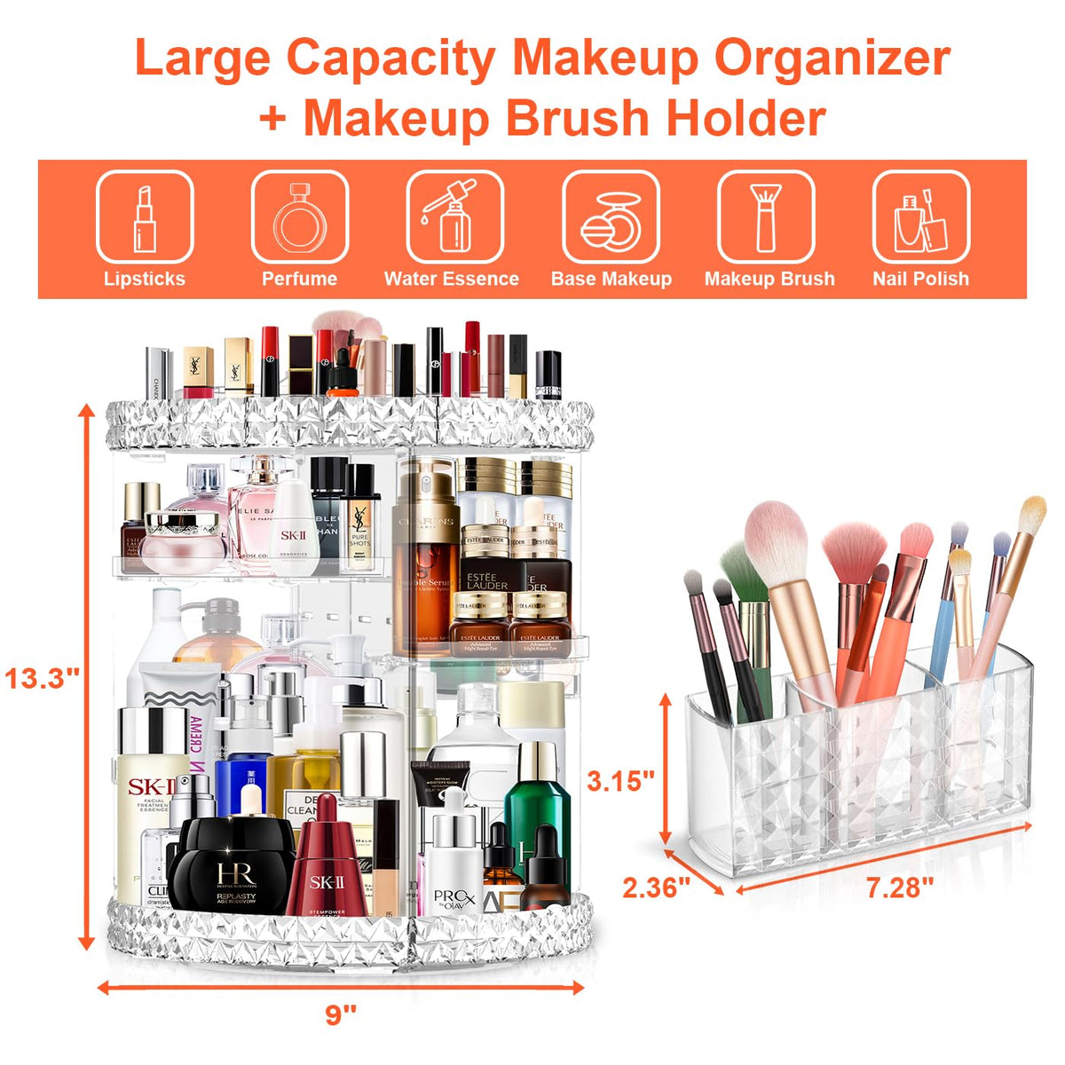 360 Rotating Makeup Organizer for Vanity + Makeup Brush Holder,Perfume Organizer with 6 DIY Adjustable Layer,Large Capacity Skincare Organizers,Lazy Susan Make up Organizer for Bedroom Dresser,Clear