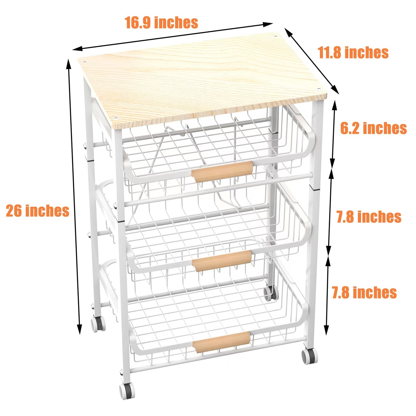 NiuYichee 4-Layer Fruit Basket Kitchen Food Storage Organizer and Storage Rack, Stackable Storage cart with Desktop, Pull-Out Hollow Metal Storage Basket, liding Out Storage,White