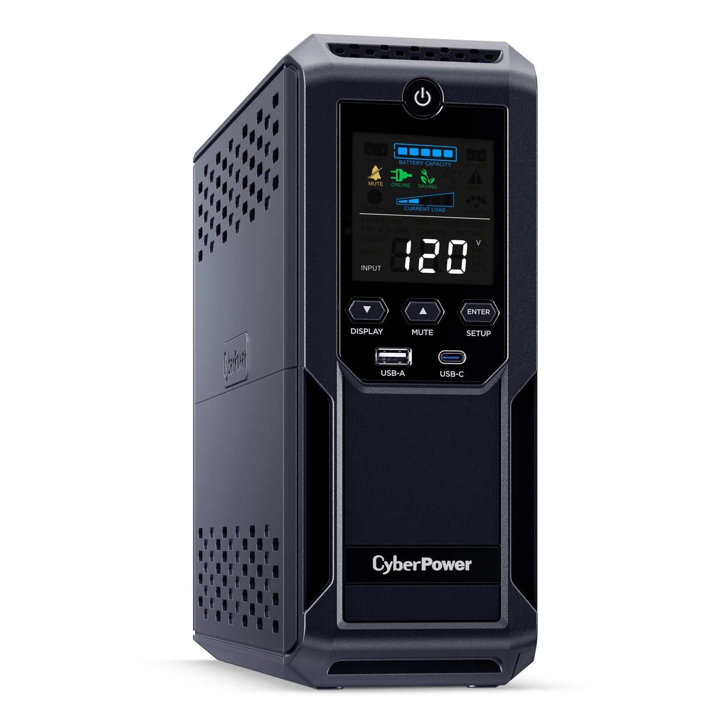 CyberPower CP1500AVRLCD3 Intelligent LCD UPS System, 1500VA/900W, 12 Outlets, 2 USB Ports, AVR, Mini Tower, Black