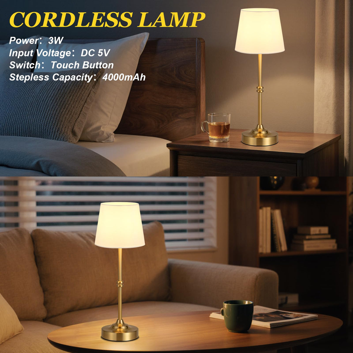 Kakanuo Rechargeable Cordless Table Lamp Gold - 1 Pack Brass 4000mAh Battery Operated Lamp, 3000K Warm Light, Touch Control Stepless Dimming, for Bedside, Dining Table, Home Decor