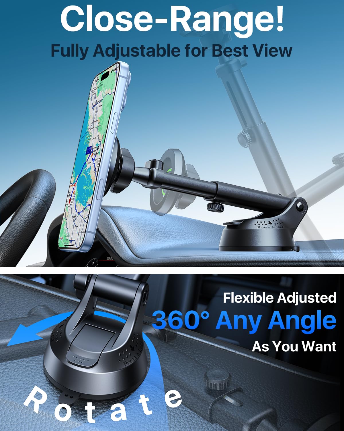 YRU [2026 Military-Grade] for Magsafe Car Mount [90+LBS Strong Suction] 360° Adjustable Magnetic Phone Holder for Car Dashboard Windshield Vent, Cradle for iPhone 17 16 15 14 13 12 Samsung, Black