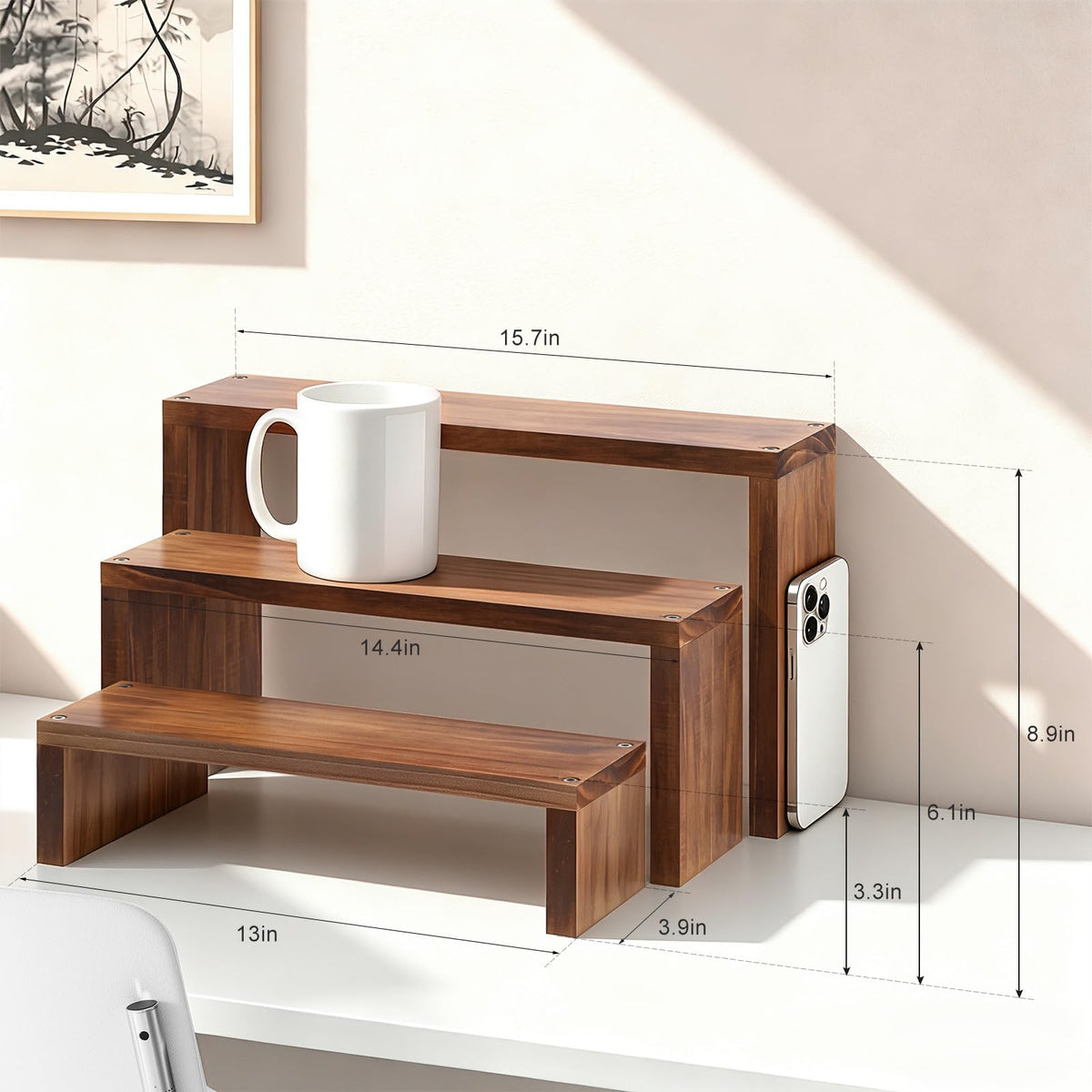 Tovacu Plant Stand Shelf for Desk Window Sill Countertop Succulent Stand Desktop Shelf 3 Tiers Small Wooden Tabletop Ladder Plant Shelves for Cupcake Stand Riser Spice Rack Holder