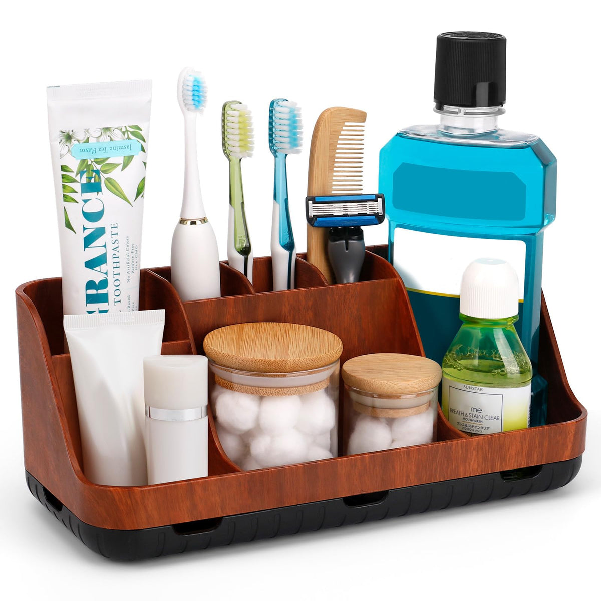 GFWARE Bathroom Decor and Accessories - Detachable 7 Slots Kids Electric Toothbrush and Toothpaste Holde for Bathroom Tray Countertop Vanity Storage, Bathroom Sink Storage Organizer, Red Wood