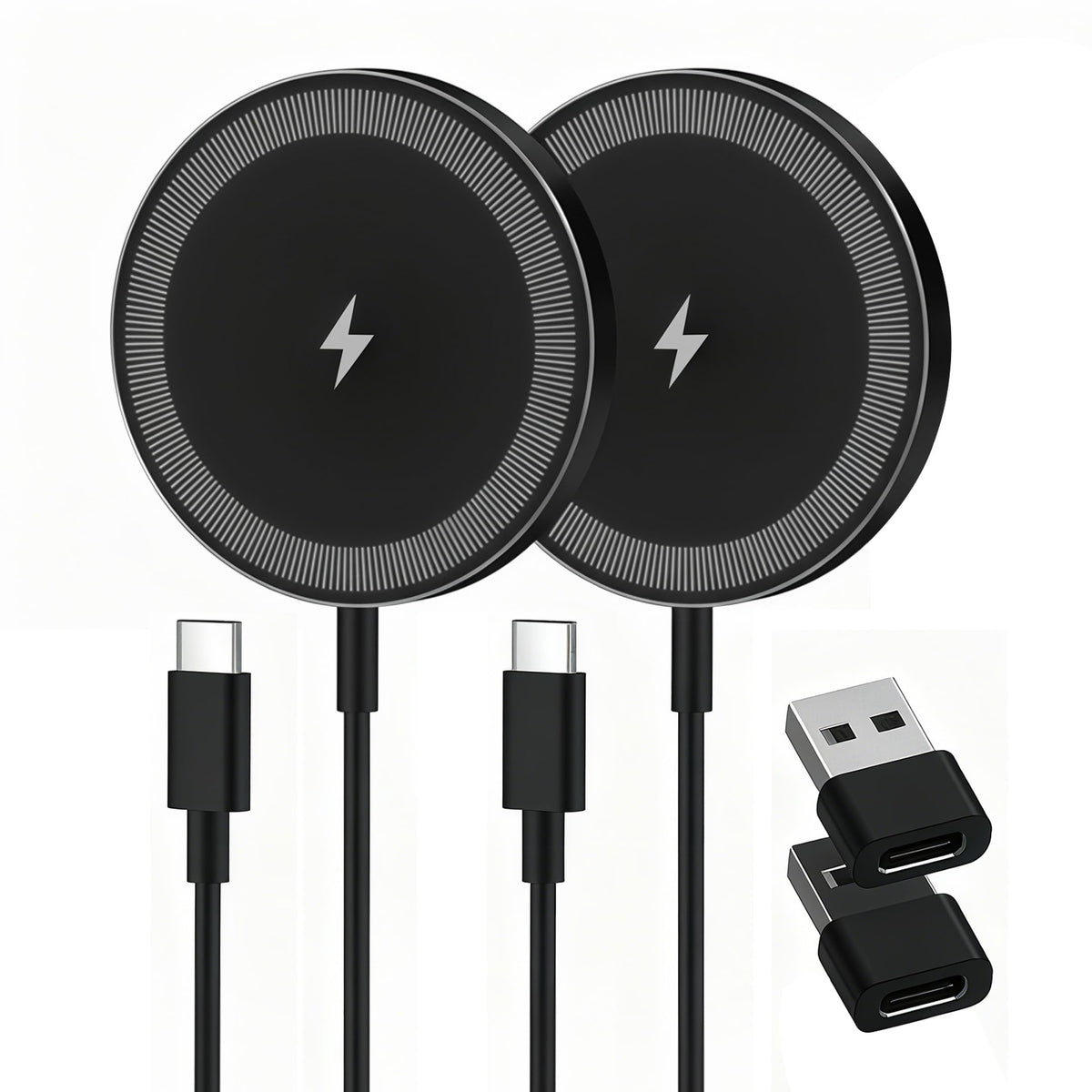 Magnetic Wireless Charger Charging Pad: 15W Qi Fast Portable Slim Charger Puck for iPhone 17e 17 Air 17 Pro Max 16 15 14 13 12 Series S26 & AirPods 4 3 2 Pro - Include USB-C/A Dual Ports (2Pack Black)