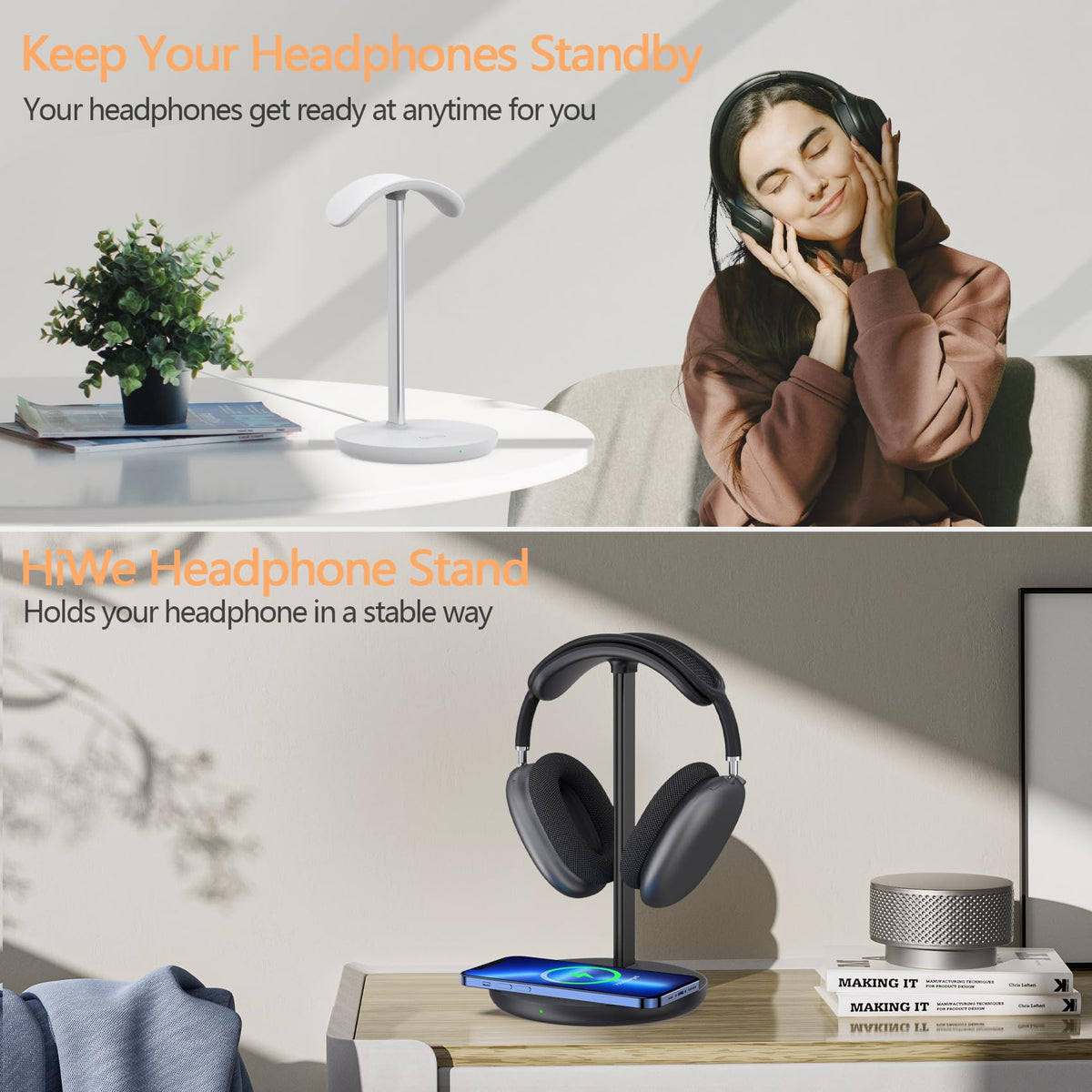 Headphone Stand with Wireless Charger, Gaming Headset Holder Hanger Rack 2 IN 1 Wireless Charging Station Dock for iPhone 15/14/13/12/11 Series, Samsung, AirPods Pro/3/2 and Desk All Headphones, Black