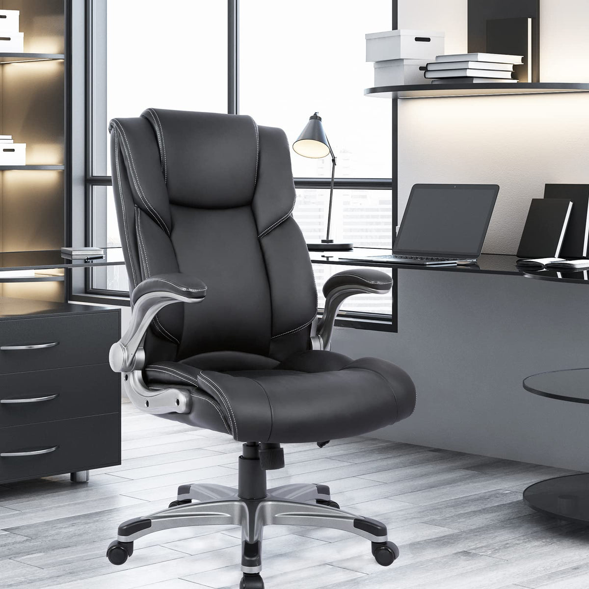 COLAMY High Back Executive Office Chair - Padded Leather Ergonomic Computer Desk Chair with Inflatable Lumbar Support & Flip-Up Arms, Adjustable Tilt Lock Swivel Task Chair for Home Office, Black