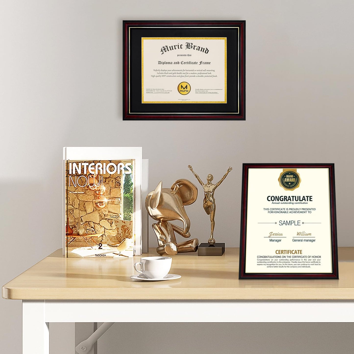 Egofine Diploma Frames 8.5 x 11 with Mat Set of 2 Solid Wood Degree frame Covered by Plexiglass, Certificate Frame 11x14 Without Mat, Picture Frame for Wall and Tabletop, Cherry Red with Gold Edge
