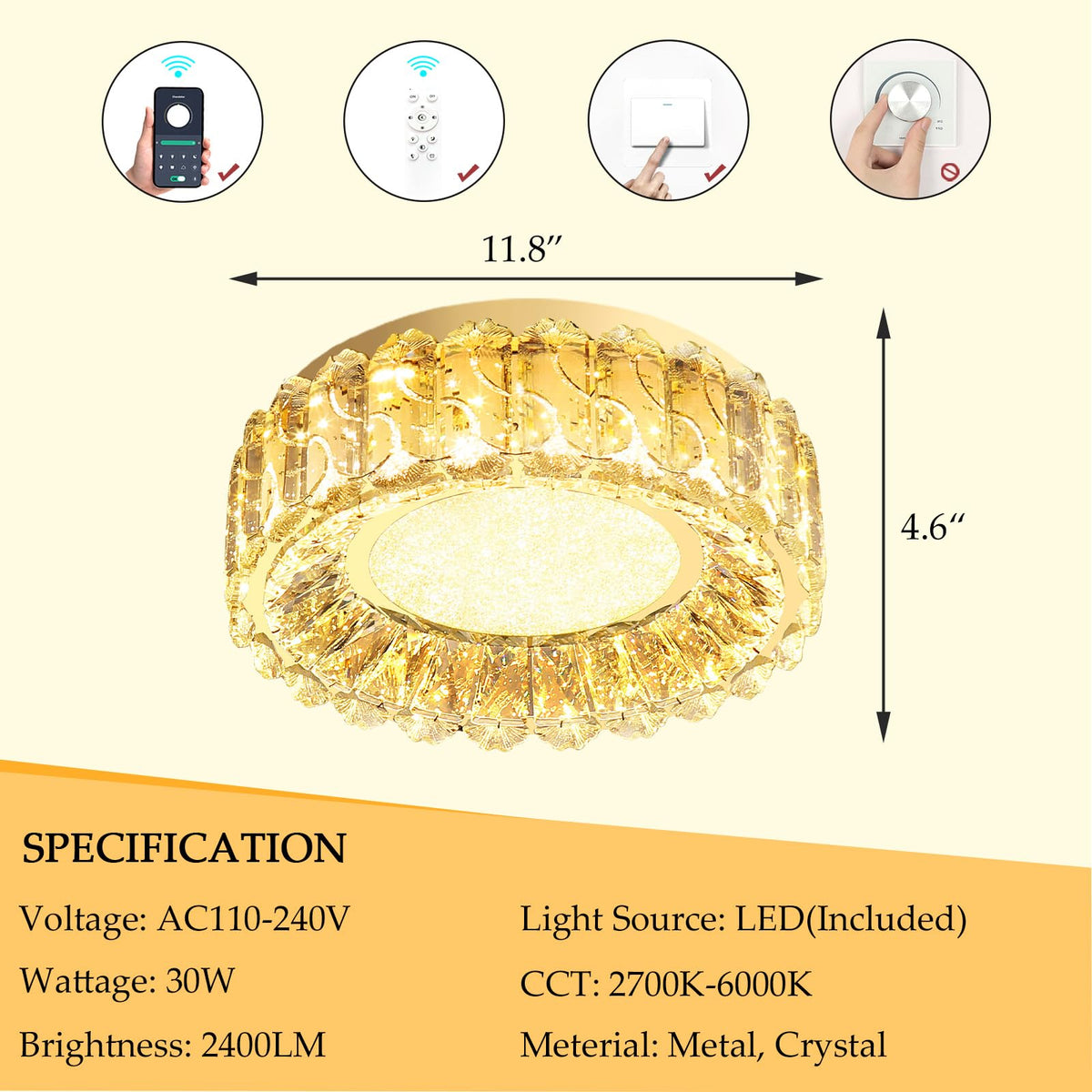 AFQEJG 12 Inch Dimmable Crystal Chandelier Modern LED Flush Mount Ceiling Light Fixtures for Bedroom Hallway Staircase Gold