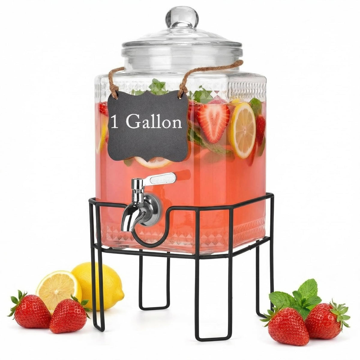 Drink Dispenser, Drink Dispensers for Parties, 1 Gallon Glass Beverage Dispenser with Stand and Glass Lid, 100% Leakproof Spigot, Ideal for Lemonade, Juice, Iced Tea, Laundry Detergent
