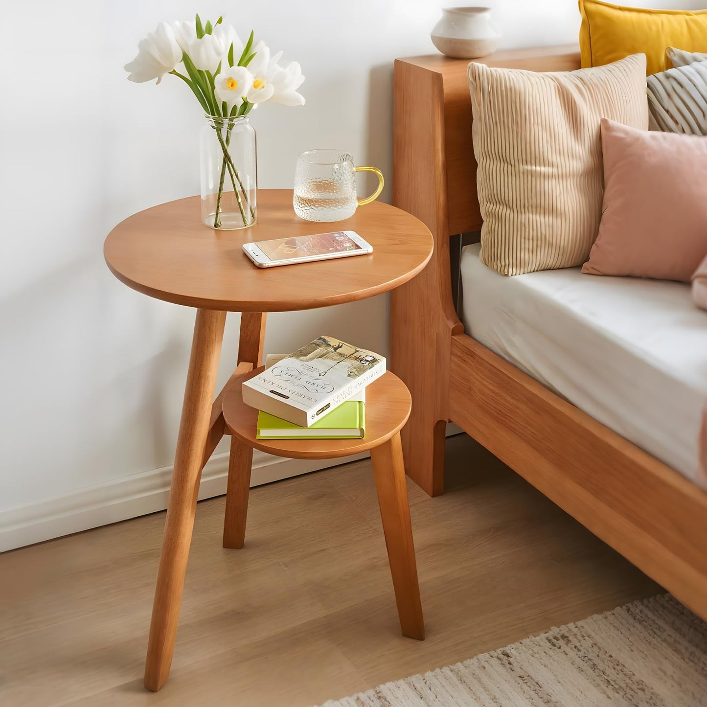 Towood Lifee Side Table, Small Round End Table with 2-Tier Shelf, Solid Wood Nightstand for Small Spaces, Mid Century Modern Accent Table for Living Room Bedroom, Natural