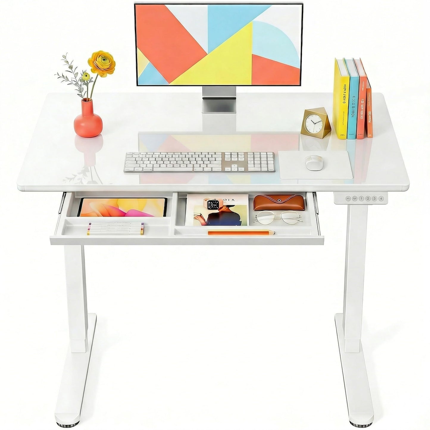 Marsail Glass Standing Desk with Drawer 37 x 22 Inches Stand up Desk Standing Desk Adjustable Height with One-Piece Tempered Glass Top, Ergonomic Home Office Desk with 4 Preset Heights White