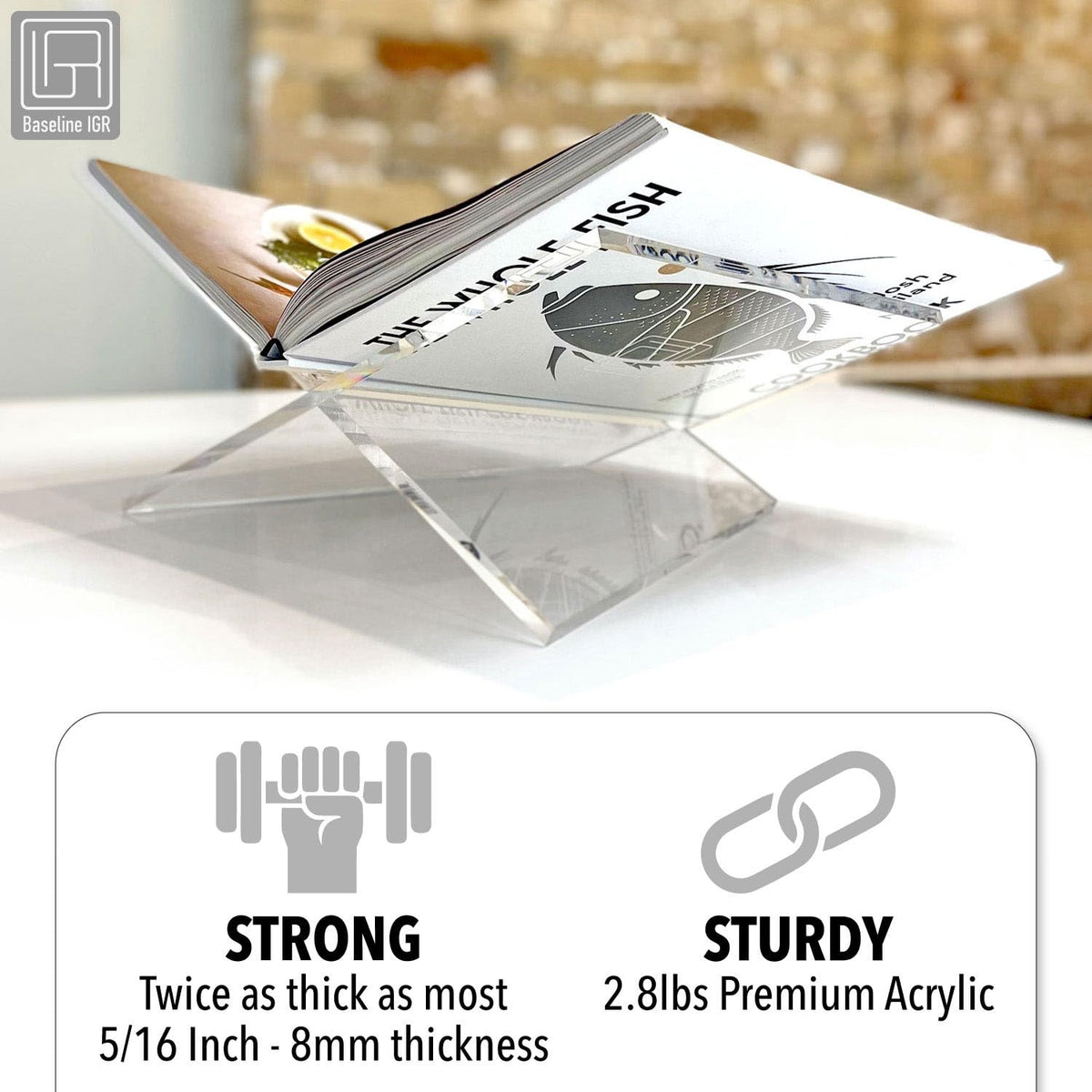 Baseline IGR Large Clear Acrylic Book Stand, 12.5" x 9.5" x 5.5”, Acrylic Book Holder, Open Bookstand for Display and Reading Cookbooks, Art Books, Bibles, Magazines - Home and Office