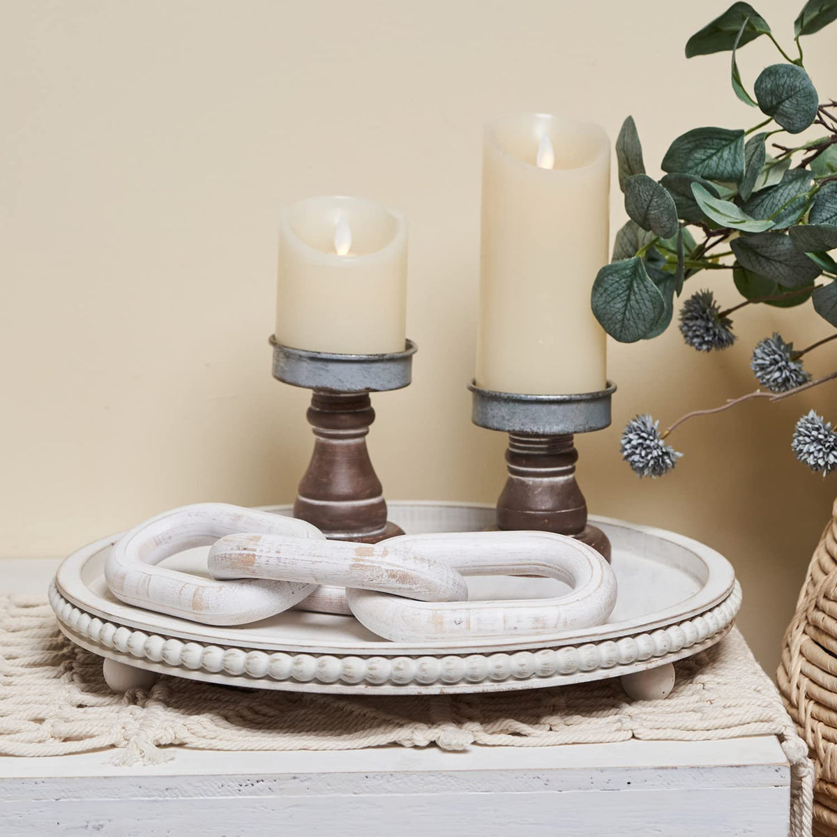 HPC Decor 12in Round Wood Tray - White, Distressed, Farmhouse Rustic - Decorative Tray for Living Room, Coffee Table, Kitchen Table or Farmhouse Serving Tray