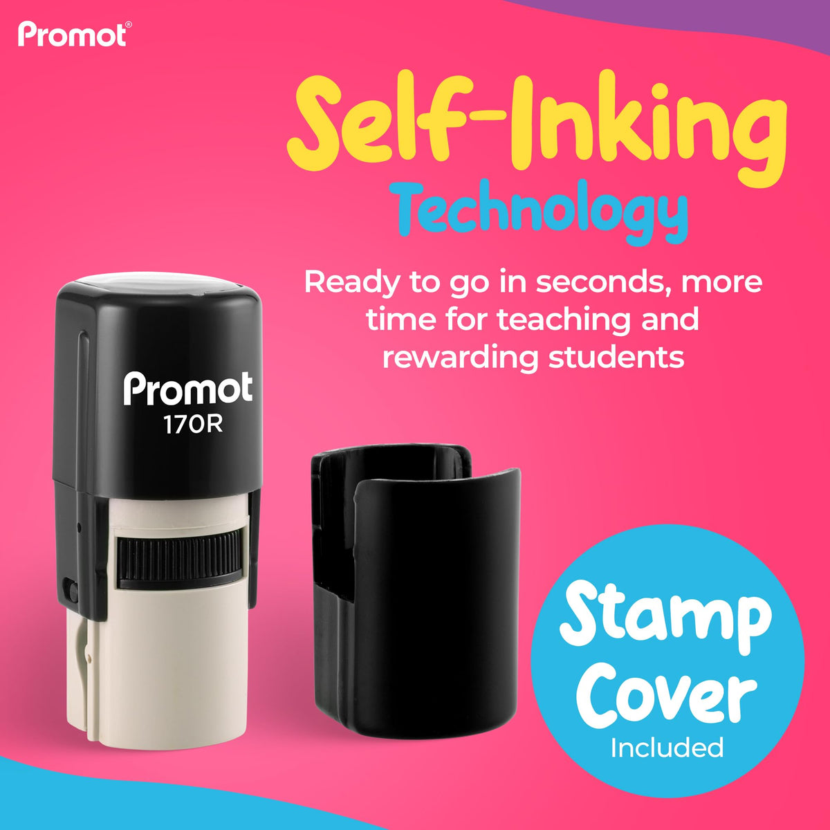 Promot - Self-Inking Stamps for Teachers, Round Rubber Stamp for Grading & Feedback, Quick-Dry Ink Stamps, Clear Imprint, Refillable Classroom Stamp & No-Mess Design (Smiley Red)