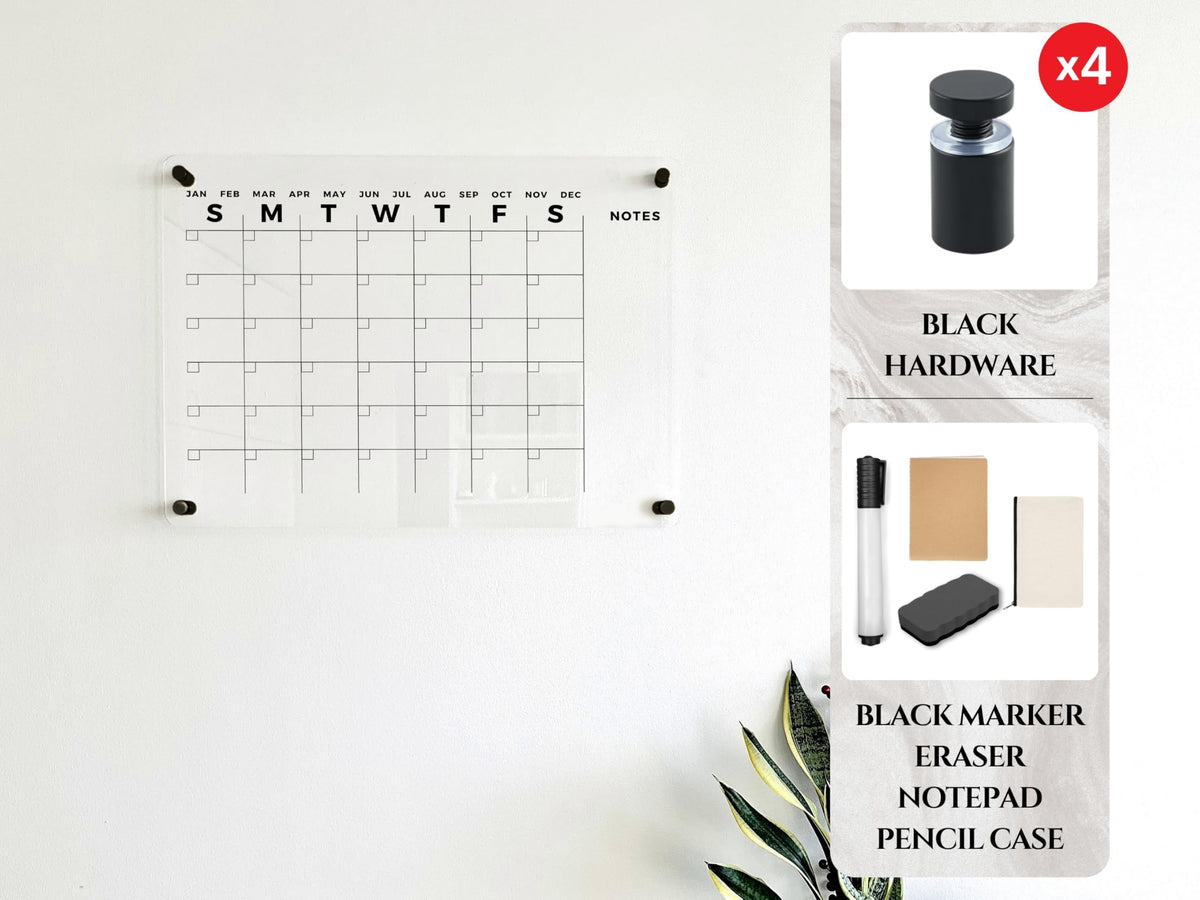 Horizontal Acrylic Dry Erase Calendar - Acrylic Monthly Wall Calendar with Marker, Family Organizer Board, Housewarming Gift (Black Standoff, 18"x14")