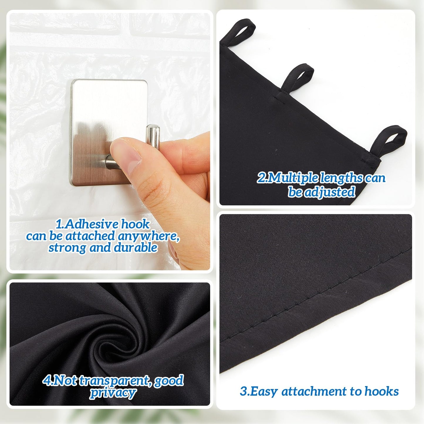 Pinkunn 60 x 53 Inch Black Adjustable Office Cubicle Curtain with Stainless Steel Self Adhesive Hook Extra Large Portable Privacy Door Partition Room Office Divider