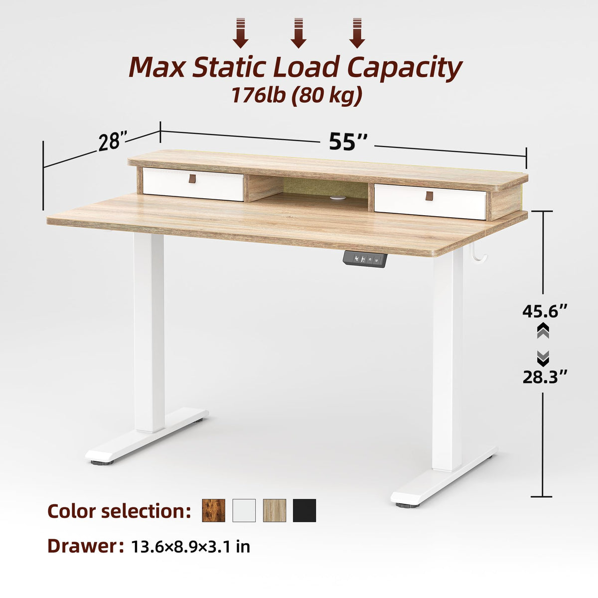 TIQLAB Standing Desk with Two Drawers, Stand Up Standing Desk Adjustable Height, Electric Sit Stand Table with Storage Shelf and Splice Board, 55 * 28 inch, Maple