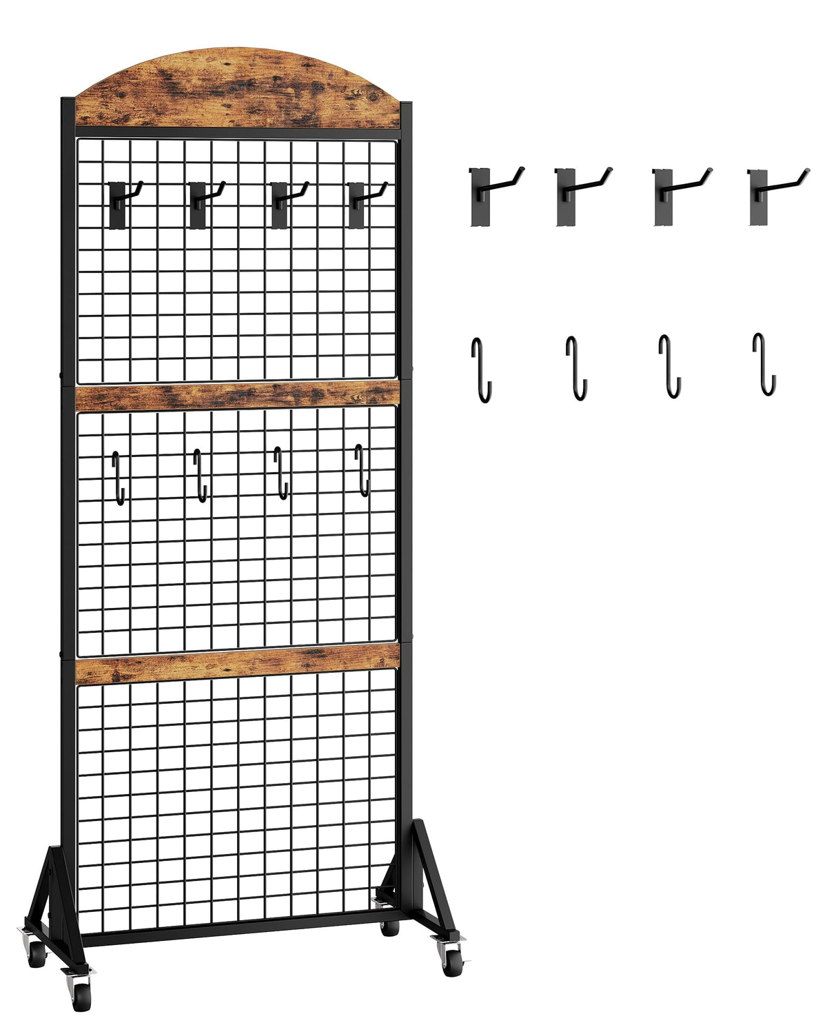 CHOEZON Grid Wall Panel 5.7’ x 2’ FT Grid Display Rack, Movable Gridwall Display Stand with Wheels,Floorstanding Wire Grid Rack with 4 S-Shaped Hooks and 4 Garment Hooks Rustic Brown and Black TCJ17BF