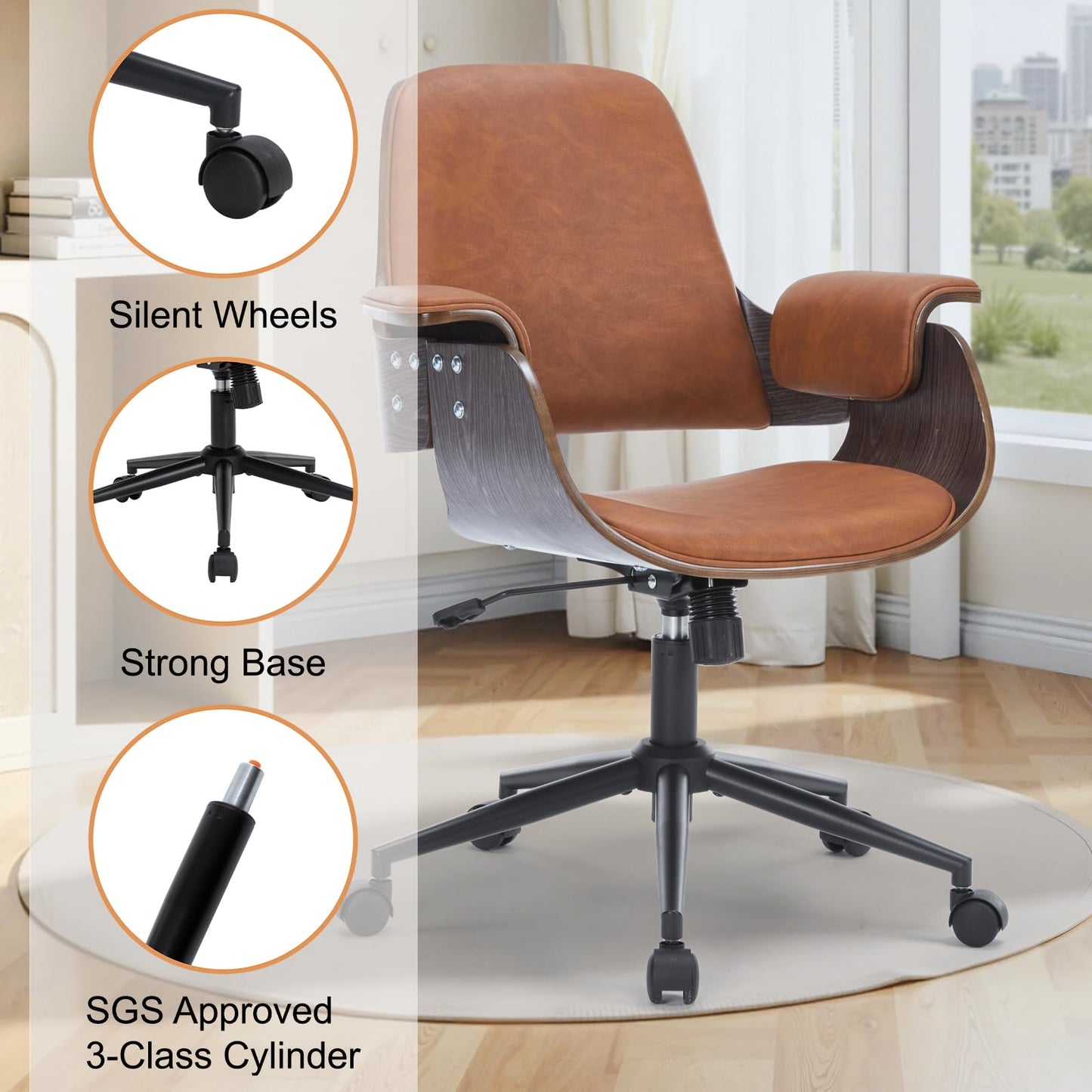 Mid Century Modern Home Office Chair,Ergonomic U-Shape Mid Back Executive Chair,Adjustable Height Swivel Computer Chair with Walnut Finish&PU Leather,Accent Chairs for Study Bedroom Workspace(Brown)