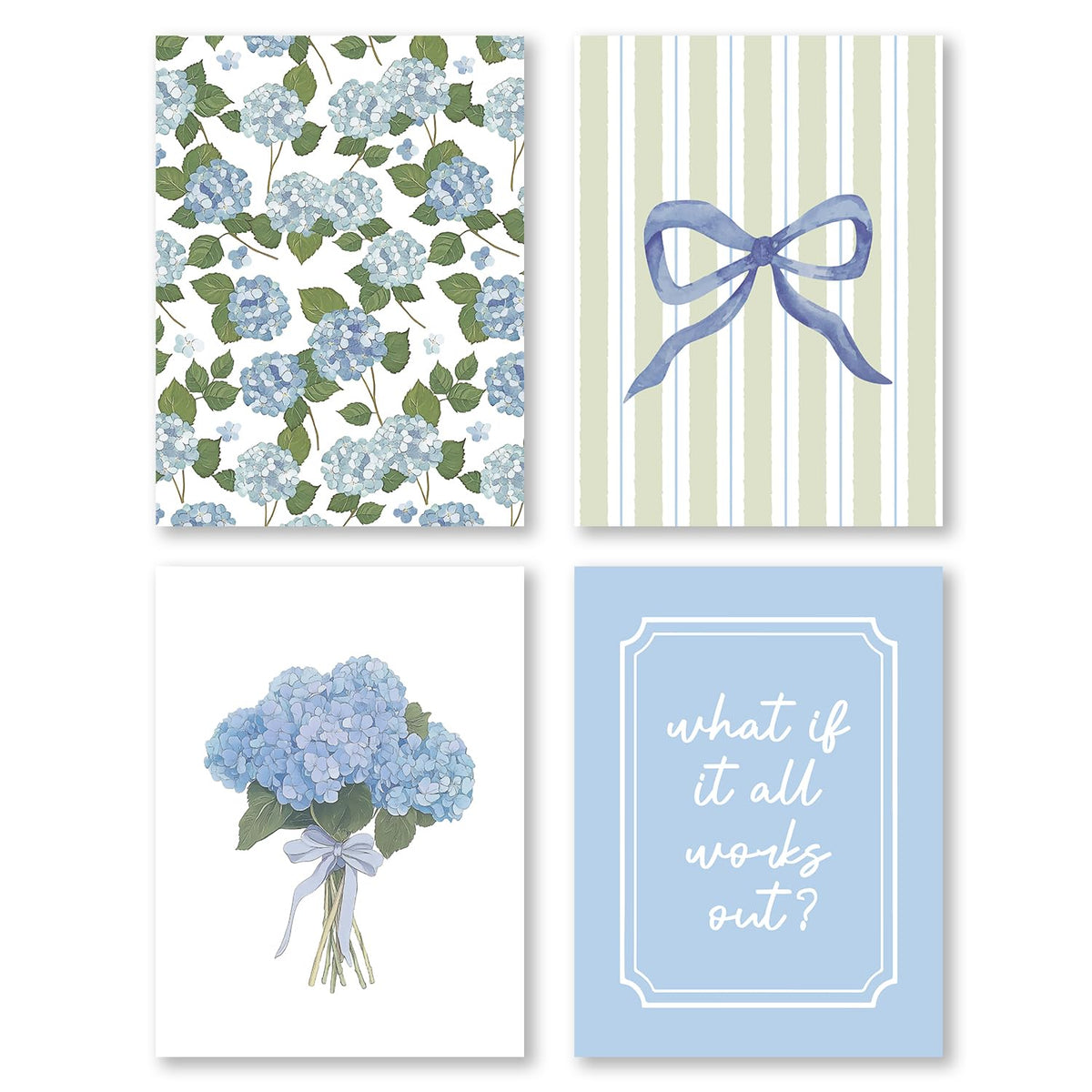 Pleonox Inspirational Coquette Blue Bow Hydrangea Floral Wall Art Prints 12x16 Inch Set of 4, Motivational Sage Green Striped Pictures Wall Decor for Girly Bedroom Room Dorm Apartment, Unframed