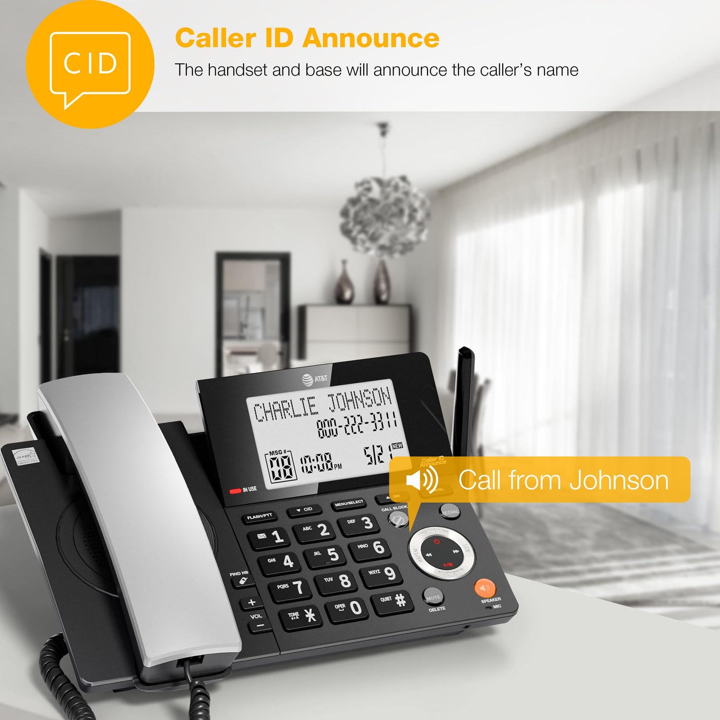 AT&T CL84218 DECT 6.0 Corded/Cordless Phone System with Smart Call Blocker, Answering Machine & 2 Handsets Long Range, Big Buttons for Seniors, Charcoal Black