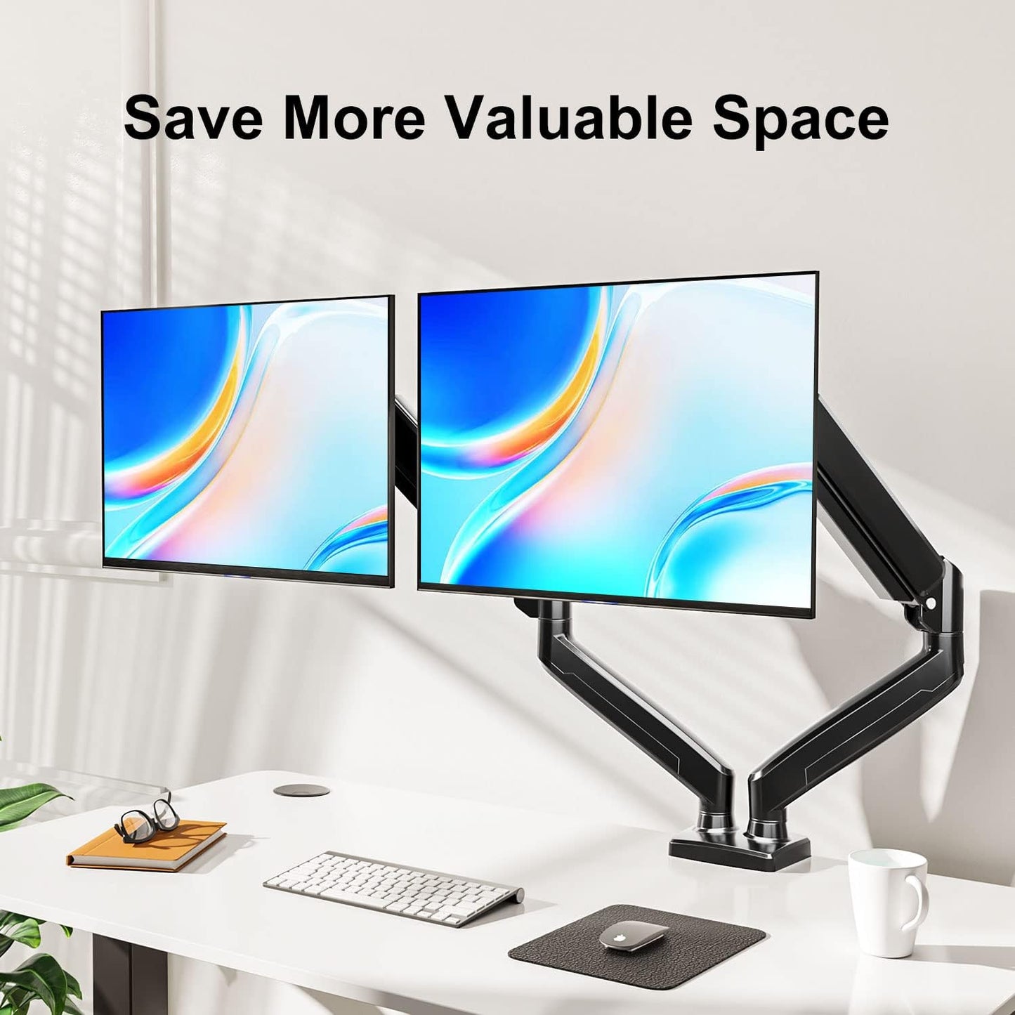 ErgoFocus Dual Monitor Mount Fits 13 to 32 Inch Computer Screen, Dual Monitor Arm Hold 4.4-19.8lbs Each, Full Motion Monitor Desk Mounts for 2 Monitors, Gas Spring Monitor Stand, VESA Mount