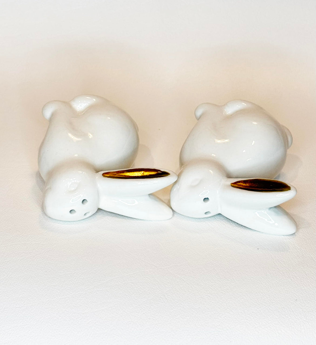 White Ceramic Easter Bunny Salt and Pepper Shaker Set with Gold Metallic Ears, 3" High, 2 Piece with Gift Box