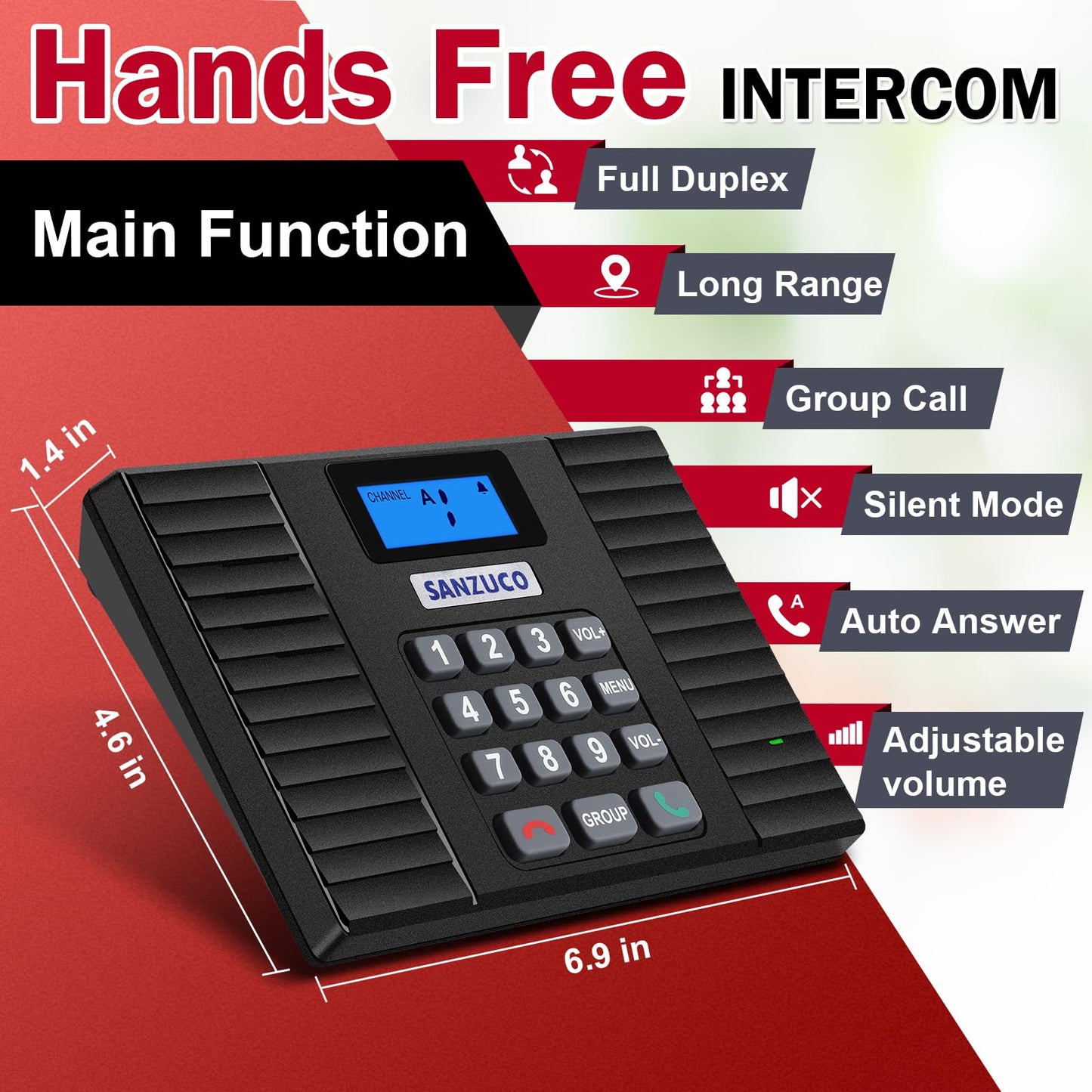 SANZUCO 60D Intercoms Wireless for Home, 18 Channel Hands-Free Intercom System for House, Full Duplex 1400ft Multi-Floor Home Intercom System for Business with Group Call, Auto Answer(9 Stations)
