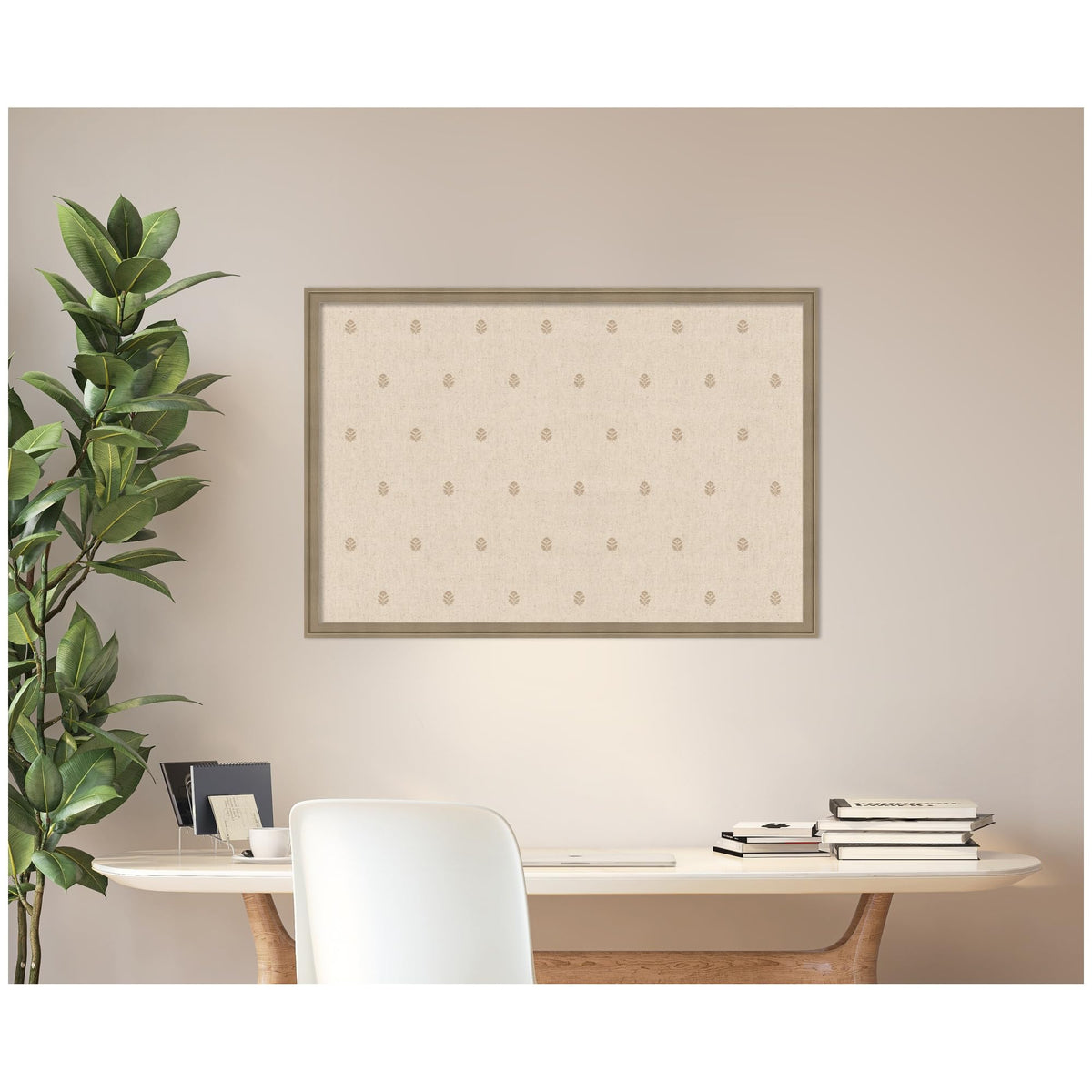 Kate and Laurel Framed Fabric Pinboard 38 x 26, Beige Botanical Block Print Printed Linen Classic Bulletin Board for Use as a Vision Board or Wall Organization, Florence Light Brown Frame