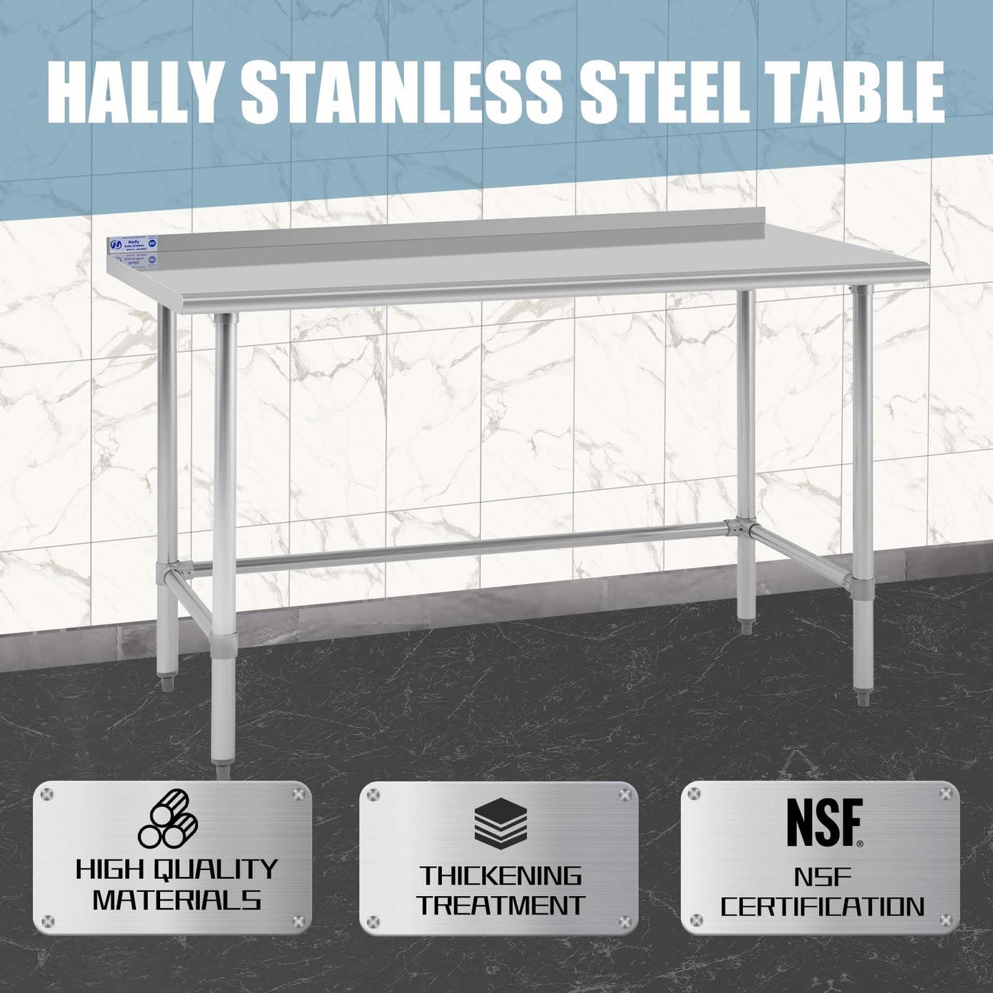 Hally Open Base Stainless Steel Table 24 x 60 Inches, NSF Commercial Heavy Duty Prep & Work Table with Backplash and Galvanized Legs for Restaurant, Home and Hotel