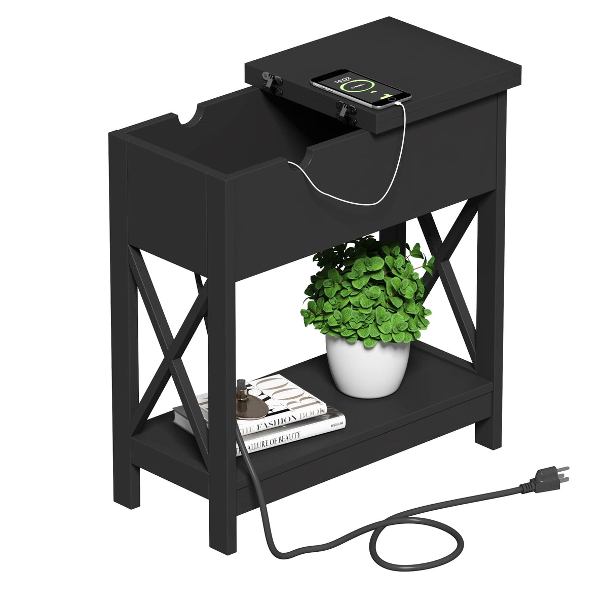 ChooChoo End Table with Charging Station, Narrow Flip Top Side Table with USB Ports & Power Outlets for Small Spaces, Nightstand Sofa Table for Living Room, Bedroom, Black, 2 Pack