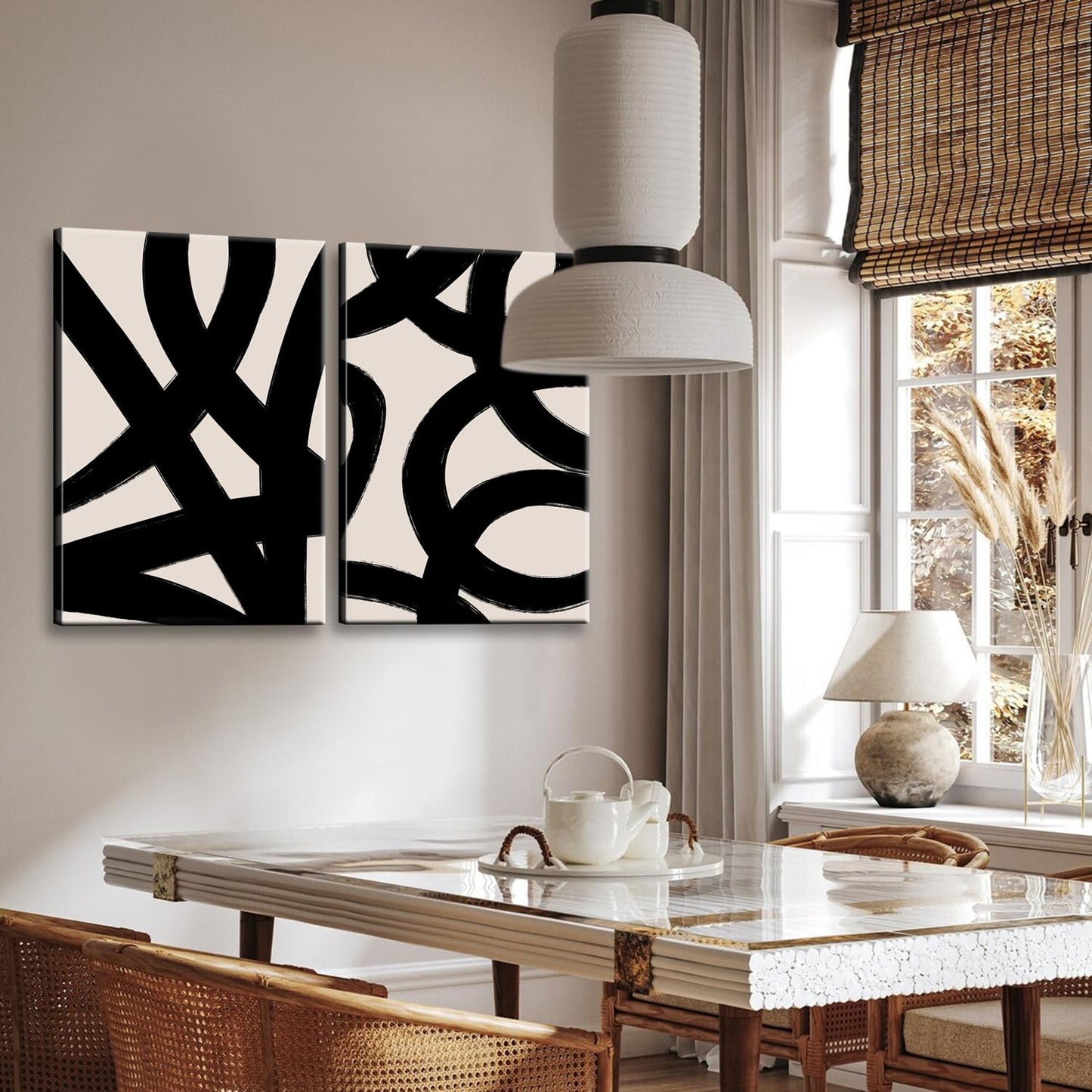 Framed Abstract Wall Art Canvas Set Lines Pictures Modern Mid Century Boho Wall Decor Minimalist Abstract Black Stroke Lines Canvas Painting Artwork Living Room Bedroom Home Office 12"x16"x2