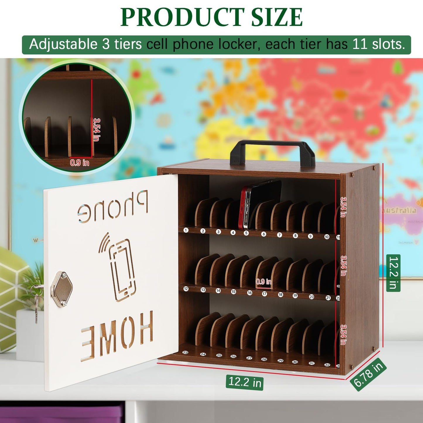 Echaprey Cell Phone Holder Classroom Adjustable 33 Slots Pocket Chart Wooden Cell Phone Storage Cabinet with Handle and Lock Desktop Cell Phone Holder for Classroom Office (Black Walnut)