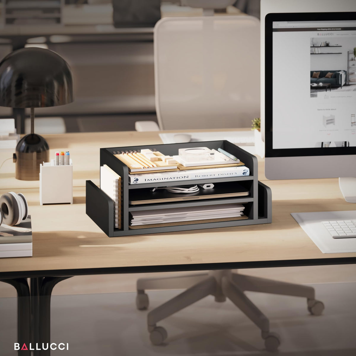Ballucci 3-Tier Desk Organizer with 2 Side Mail Sorter Slots, Wood Letter Tray, Open Top Paper Organizer, Desktop File Organizer, Black