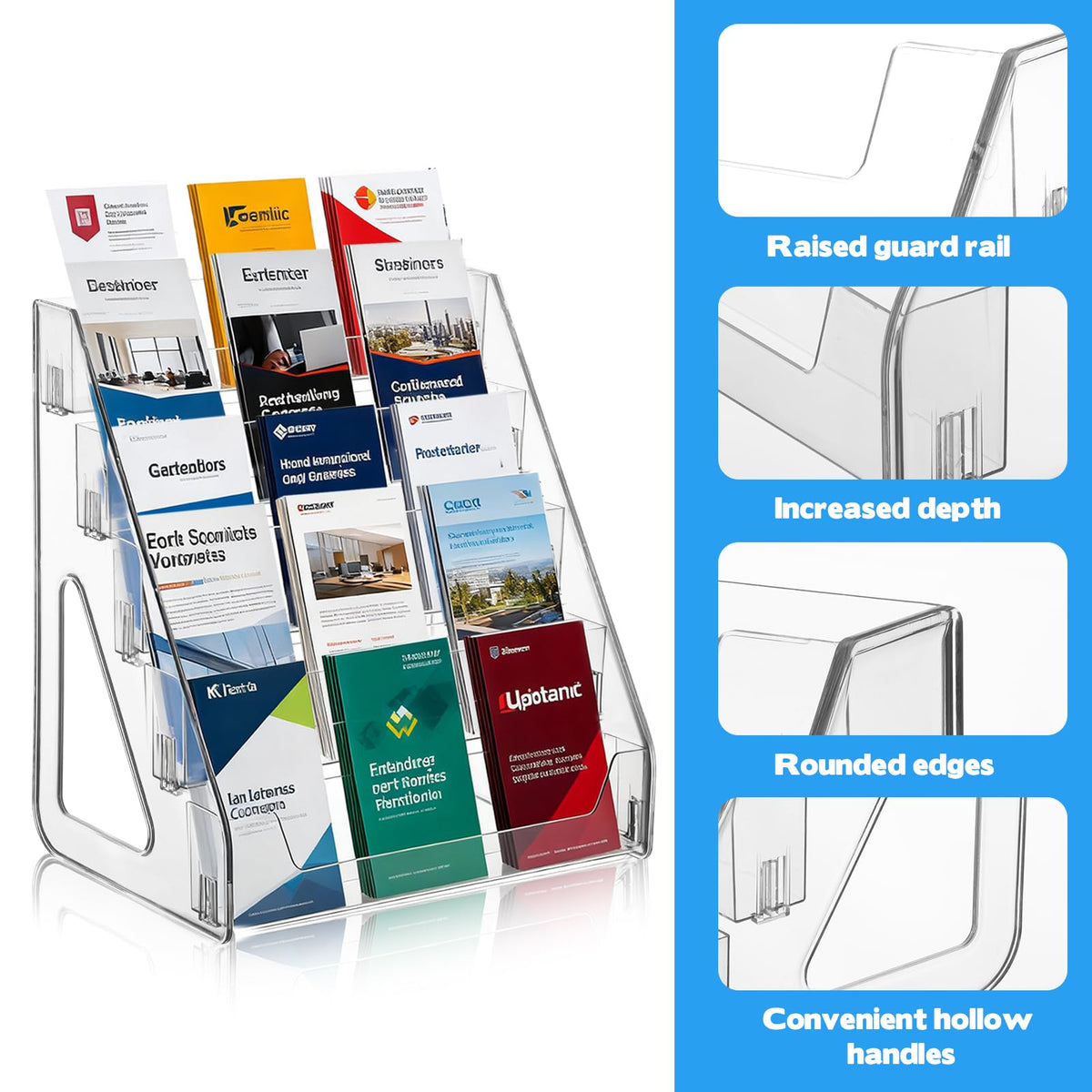 5 Tier Brochure Holder 12x13 Inch Acrylic Literature Display Stand Holds 3 Brochures in One Row Clear Pamphlet Holder Display Stand for Flyers Booklets Table Signs Office Home Store, Pack of 1