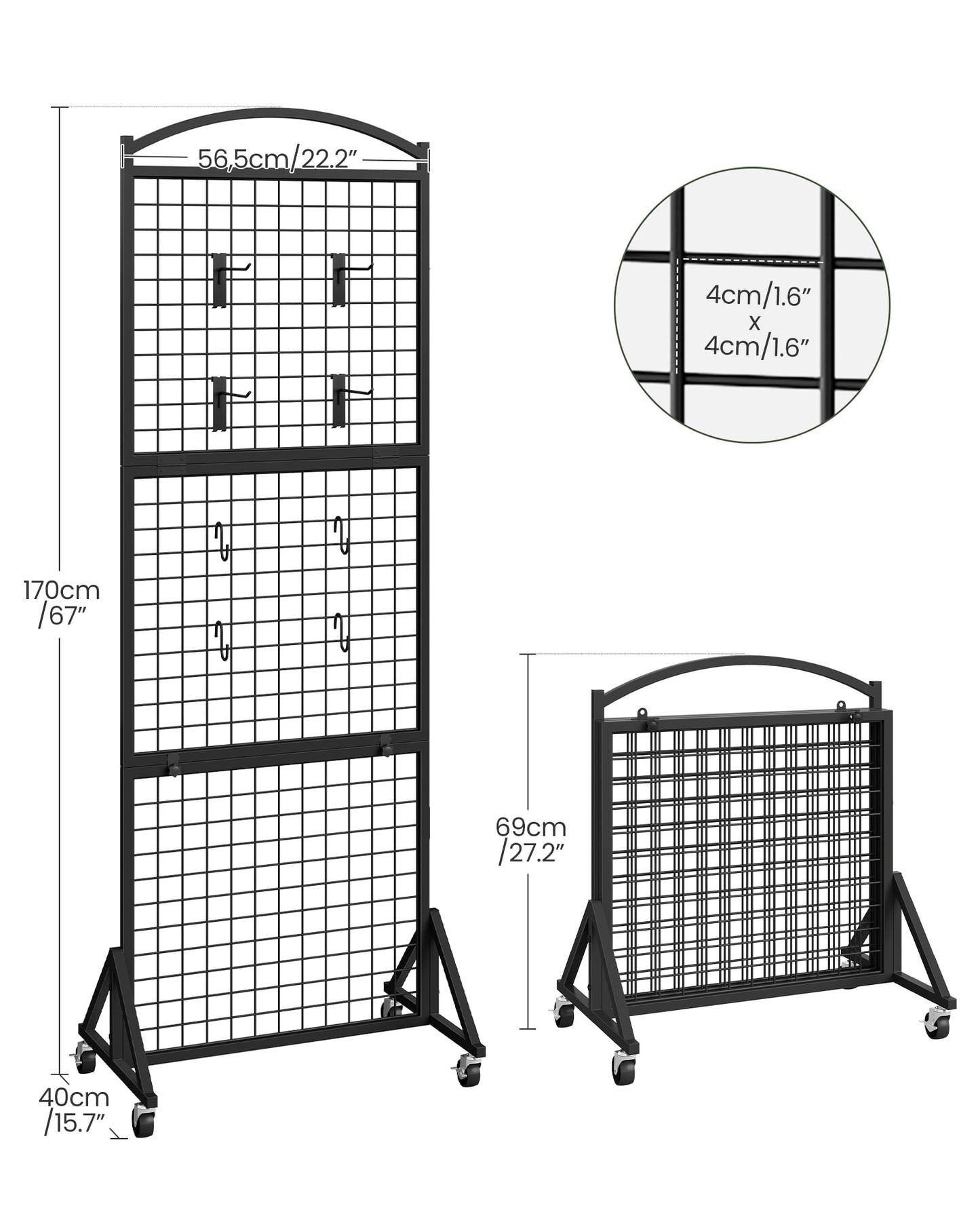 CHOEZON Foldable Grid Wall Panel 1.9' x 5.6' FT, Movable Gridwall Display Rack, Wire Grid Rack on Wheels, Retail Display Stand, with 4 S-Shaped Hooks and 4 Garment Hooks, Black TCJ37BB