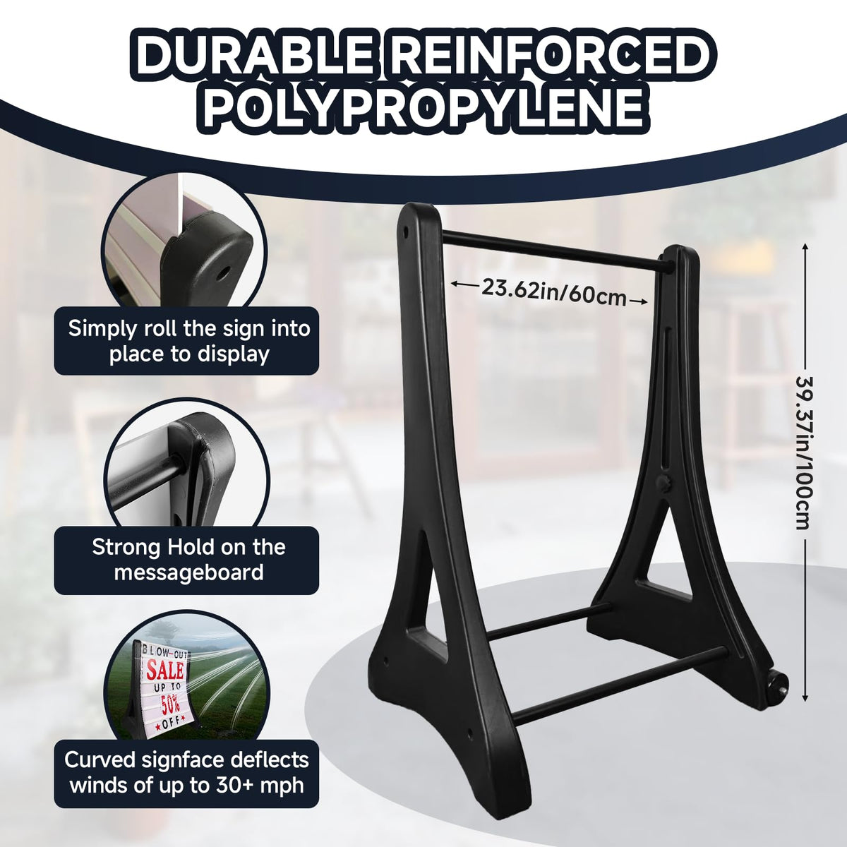 DRKSBesto 24"x39" Changeable Message Board Sidewalk Sign, Standard Portable A-Frame Sign & Letter Kit for Outdoor,Business, Large Black Standing Frame with Wheels, Water-Fillable and Wind-Resistant