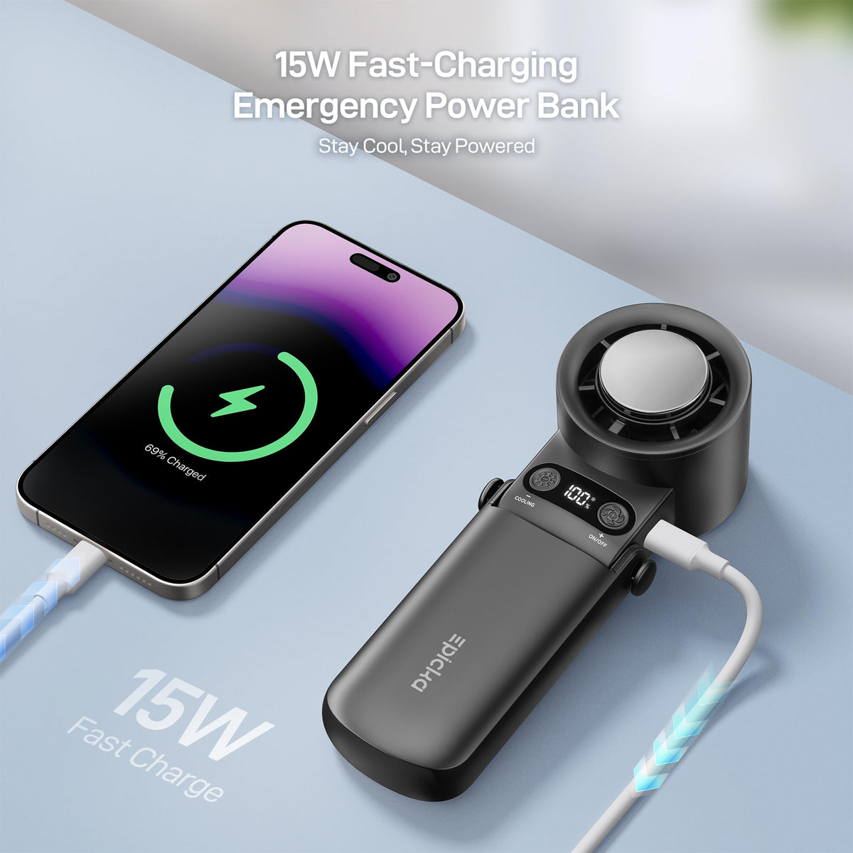 EPICKA Portable Handheld Fan with Ice Cooler - 25H Runtime, Rechargeable 6800mAh Personal Turbo Fan with Power Bank, Fast Charging, 0-100 Speed, Gifts for Women, Summer Travel Essentials, Black