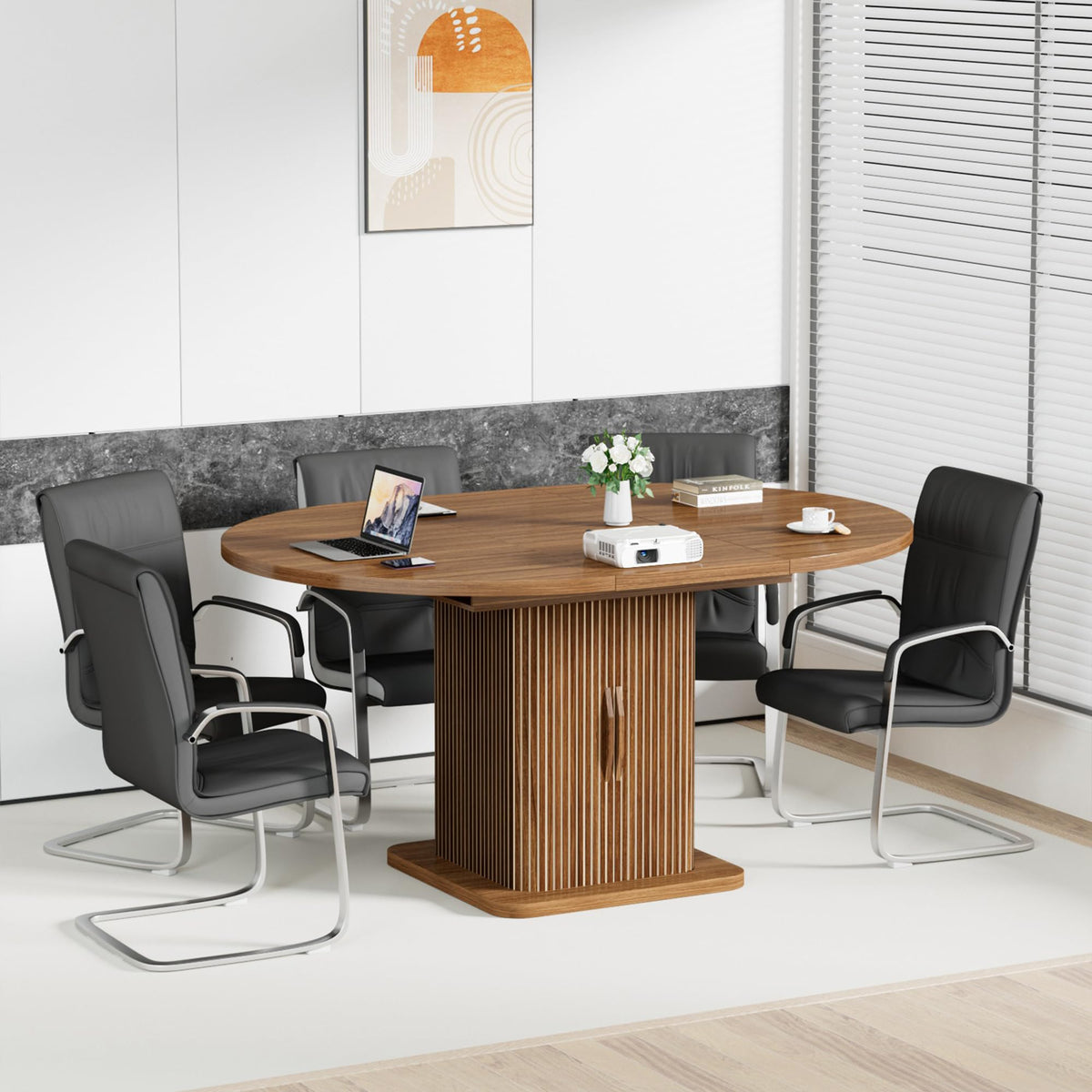 Extendable Round Conference Table for 4-8 People, 43in-59in Modern Oval Meeting Room Table with Storage, Fluted Wood Slide Doors, Small Compact, Office, Training, Conference Room, Walnut