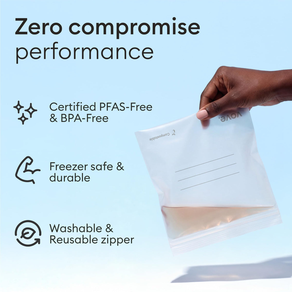 Vove Compostable Snack Bags 50 Ct – PFAS-Free, BPI Certified, Freezer Safe with Airtight Seal for Snacks & School Lunches, Plant-Based