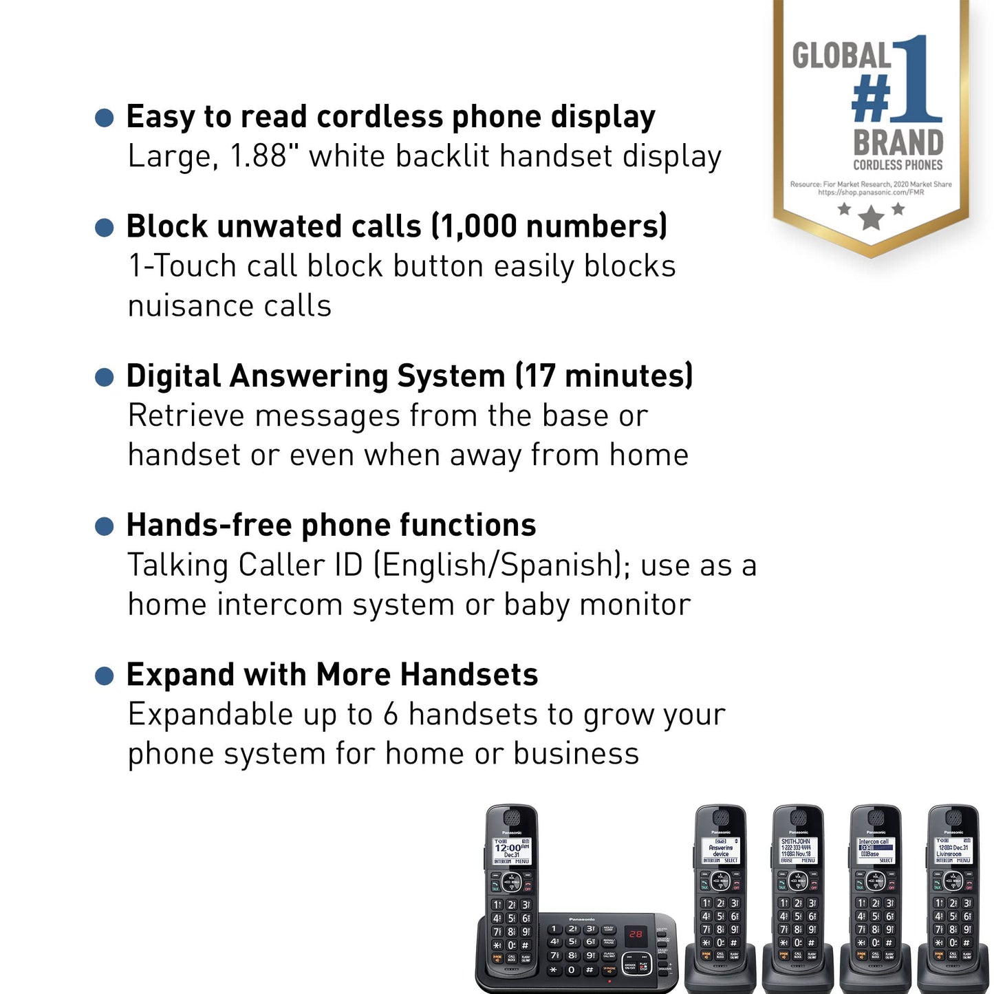 Panasonic DECT 6.0 Expandable System, Cordless Phones With Answering Machine and Call Blocking - 5 Cordless Phones 5 Handsets - KX-TGE645M (Metallic Black)