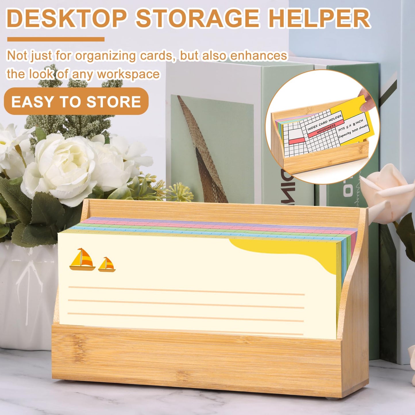 5x8 Inch Index Card Stand Wooden Index Cards Holder Notecard Box Postcard Display Stand Flash Cards Organizer Business Card Display Rack for Desk Office Supplies Capacity 300 Sheets