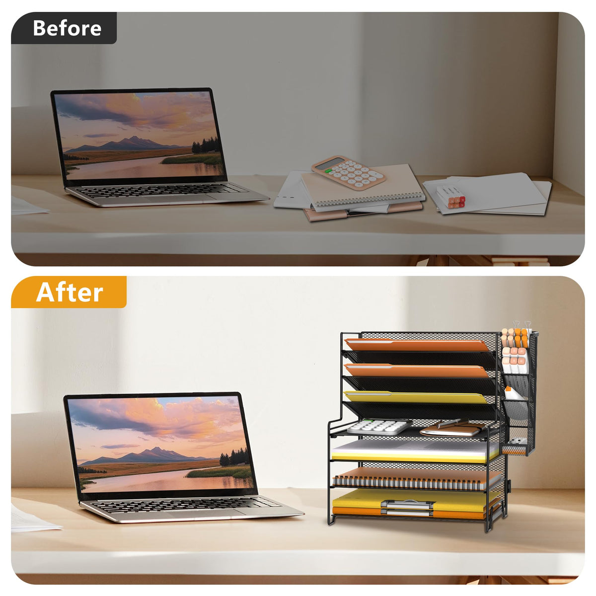 SUPEASY 7 Tier Desk Organizer, Desk File Organizer with Pen Holder, Paper Organizer for Desk, Desk Organizers and Accessories for Home Office School, Black