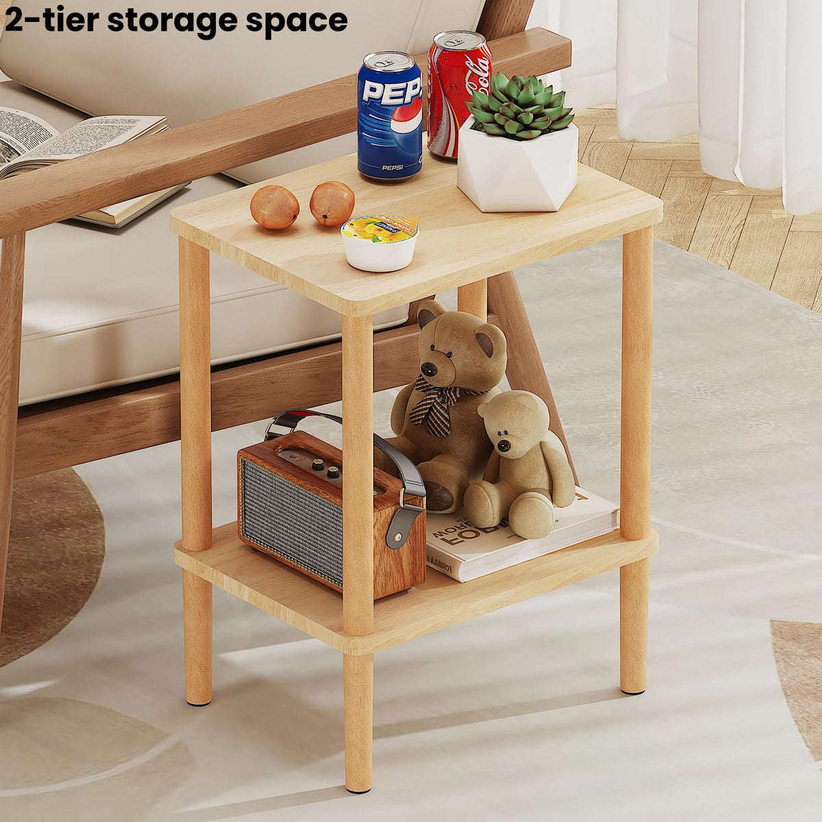LUCKNOCK Solid Wood Side Table, 2-Tier Small End Table with Storage Shelf, Narrow Nightstand Bedside Table for Small Spaces, Bedroom, Living Room, Farmhouse, No-Tool Assembly.